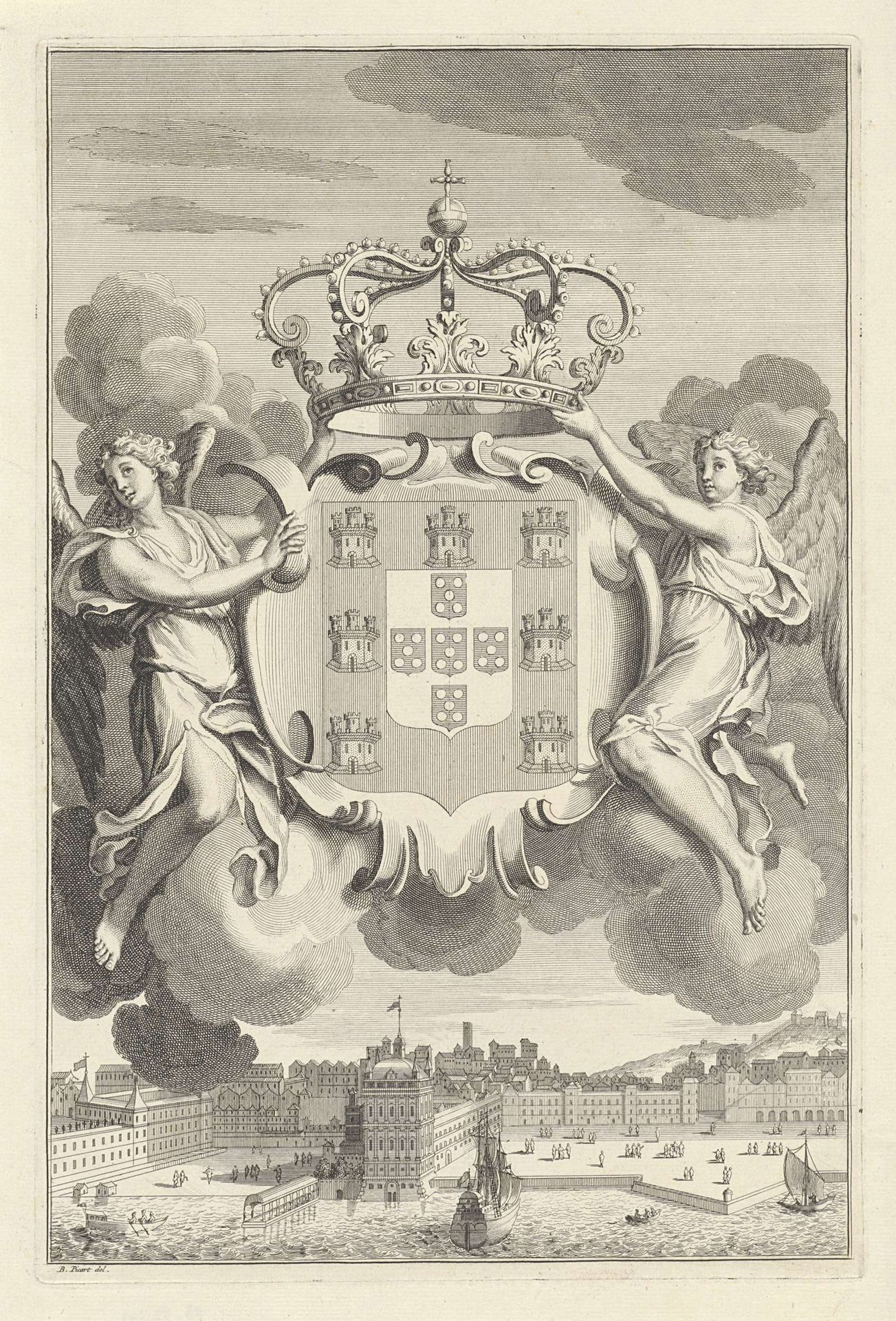 Twee engelen met een wapenschild boven een stad by Bernard Picart
