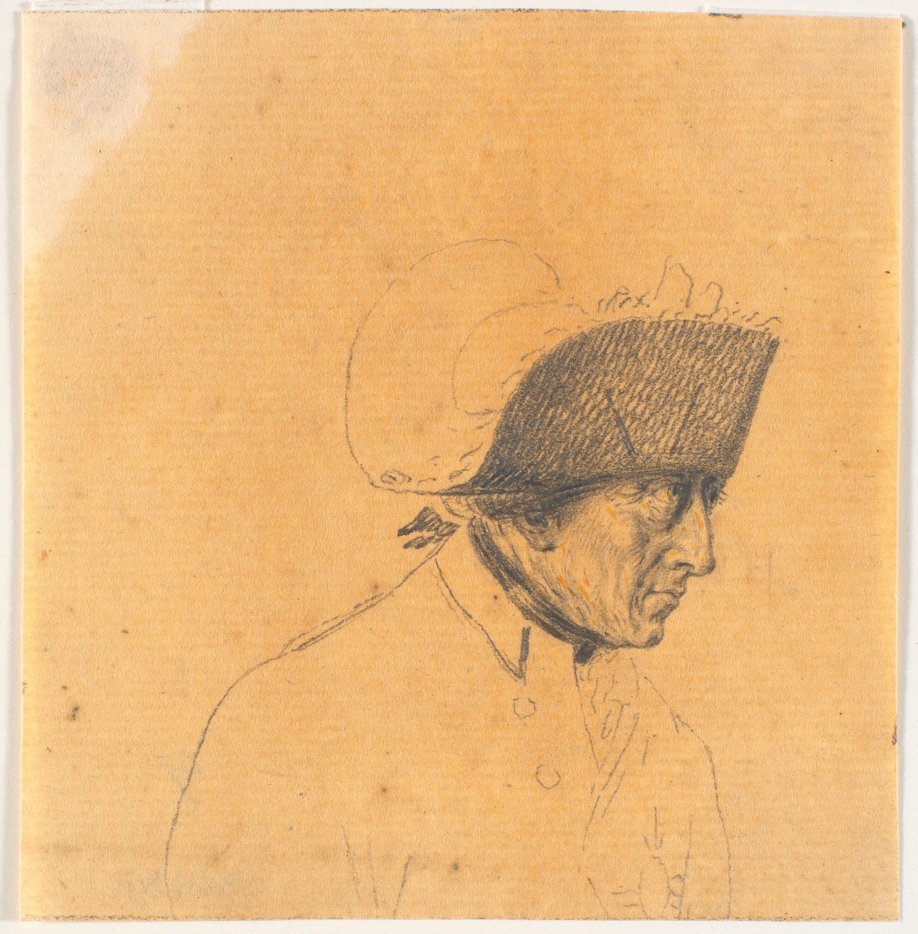 Forarbejde til et af hovederne til stikket: Frederik d. Store rider hjem efter en revy ved Potsdam by J.F. Clemens