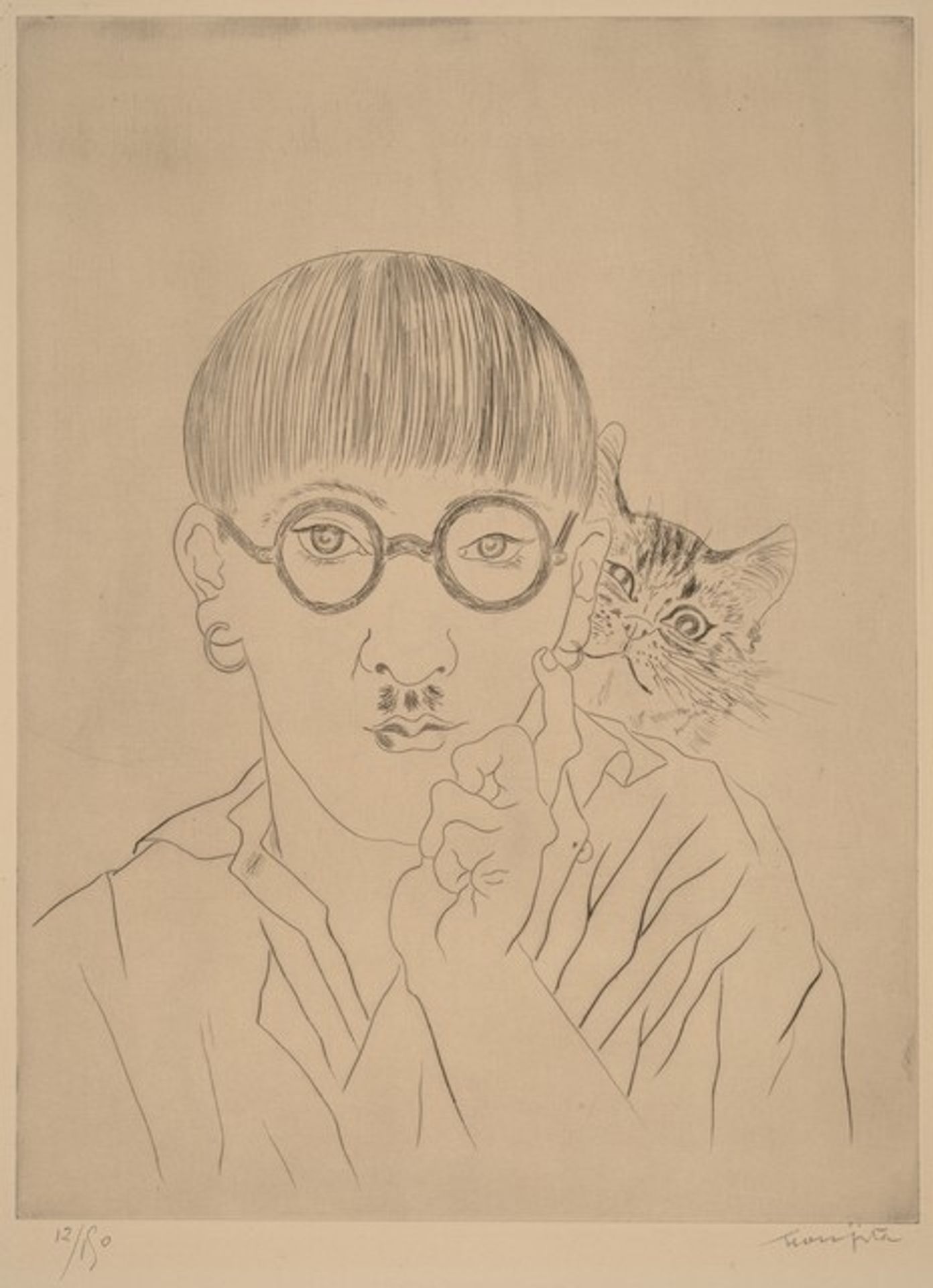 Self-Portrait with Cat on the Shoulder by Tsuguharu Foujita