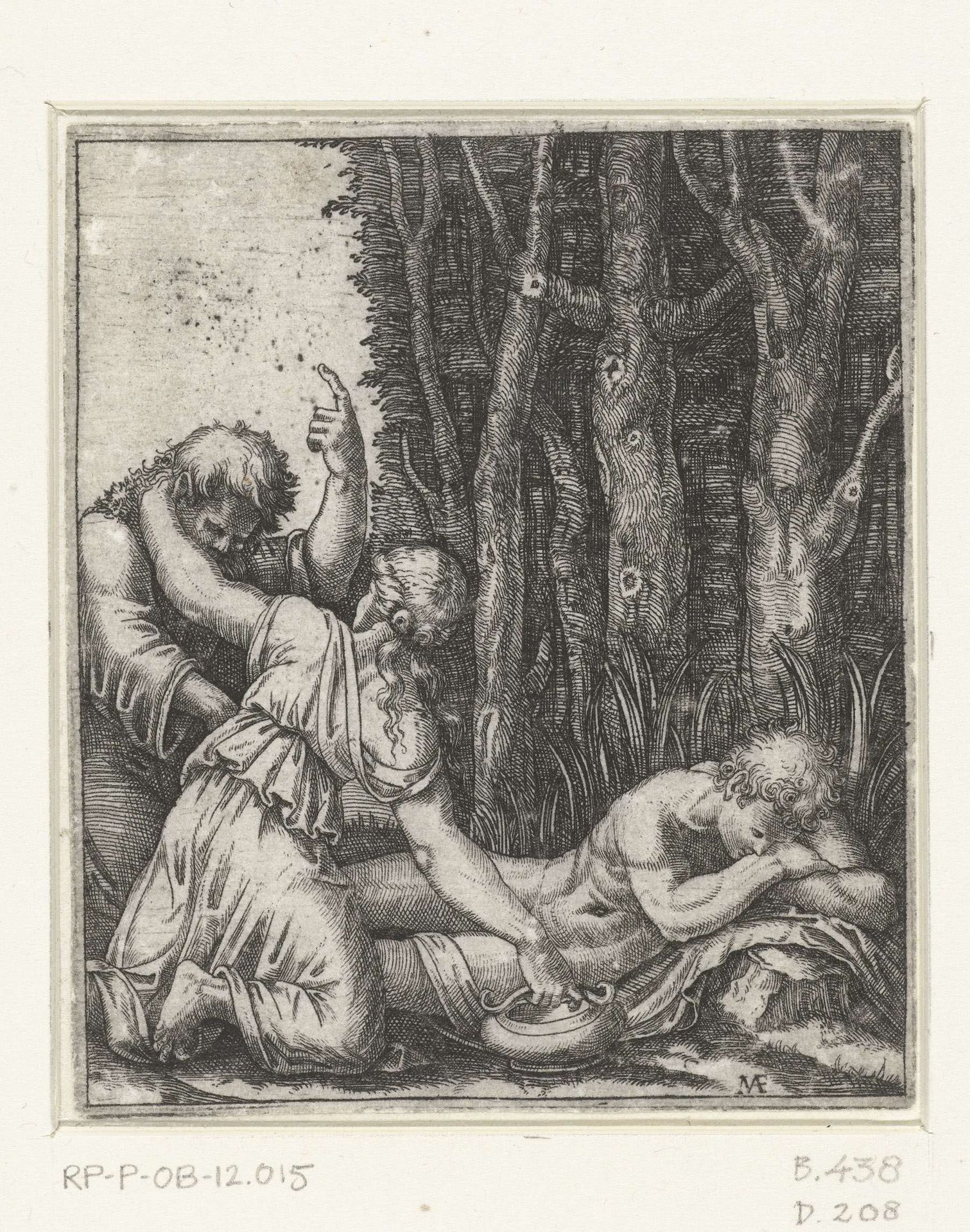 Man en jonge vrouw bij slapende naakte man voor bosrand by Marcantonio Raimondi