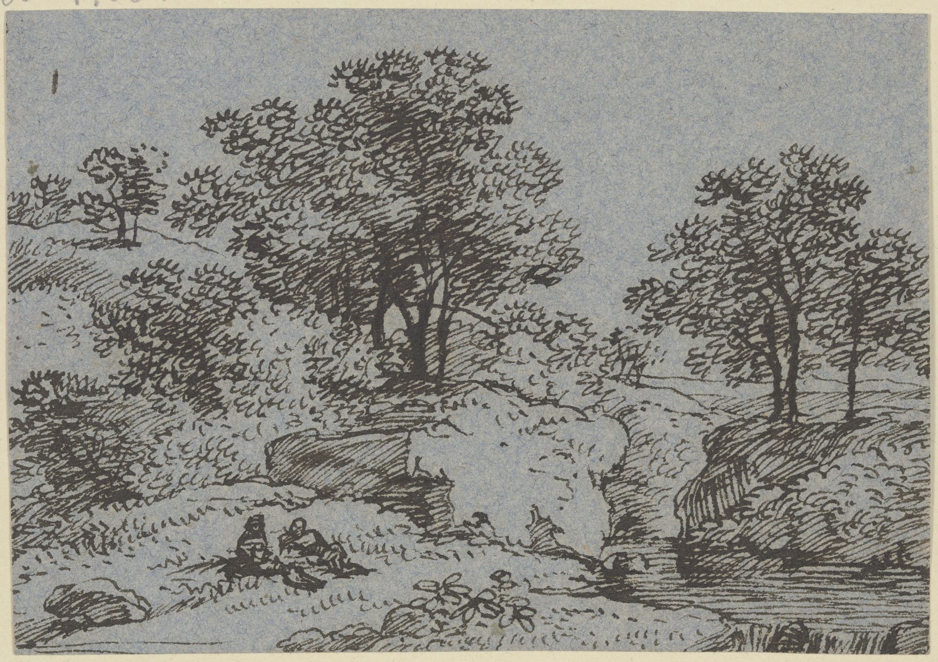 Zwei lagernde Figuren in hügeliger Landschaft by Franz Kobell