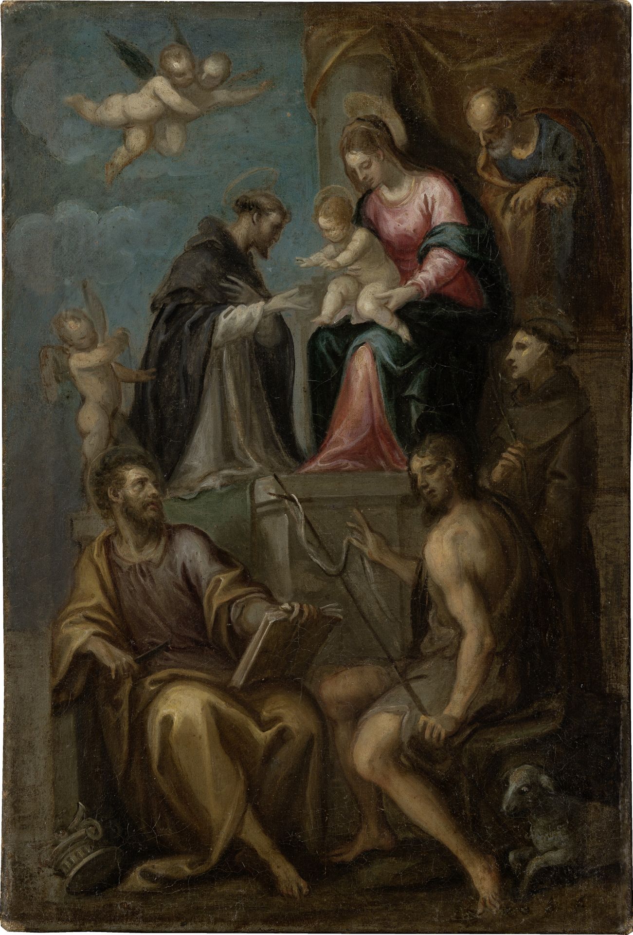Madonna and Child Enthroned, with SS. Joseph, Domenic, Bartholomew, John the Baptist and Francis by Anonymous