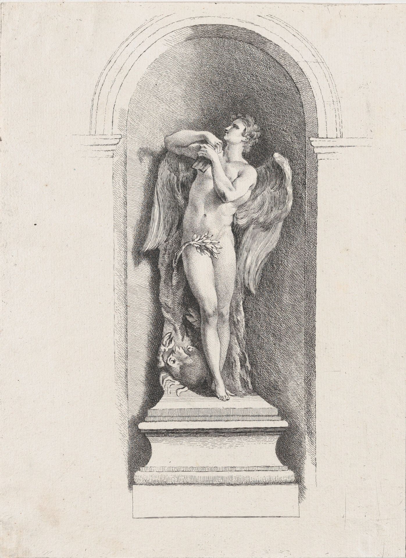Standing male angel looking up and holding a flute; after Fontaine des Quatre-Saisons (Paris) by Anonymous