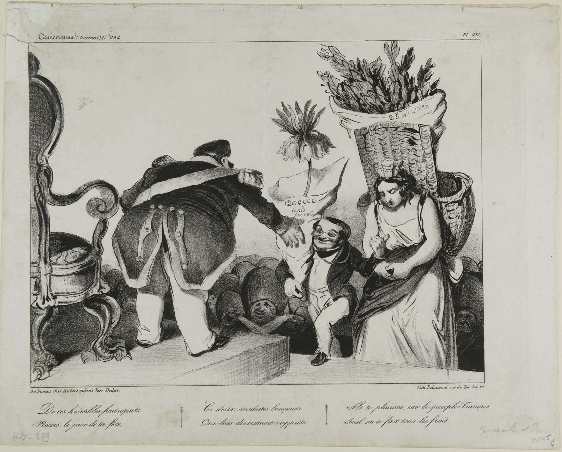"From your obedient subjects receive on your day of honor these two modest bunches of flowers. They will make you rejoice, since the people of France alone has taken over the costs," plate 486 by Honoré Daumier