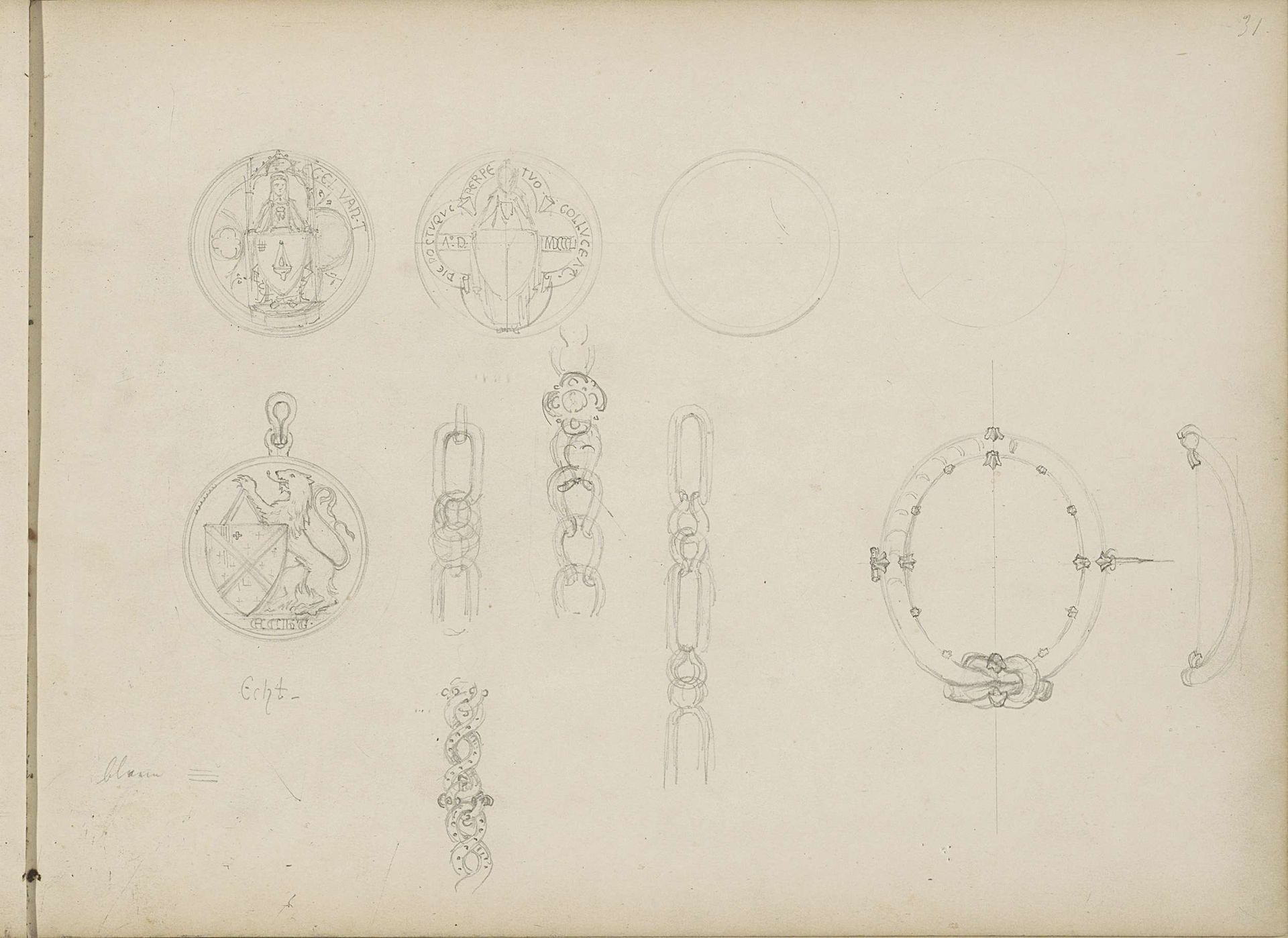 Studieblad, onder andere met armbanden en het gemeentewapen van Echt in een medaillon by Pierre Joseph Hubert Cuypers