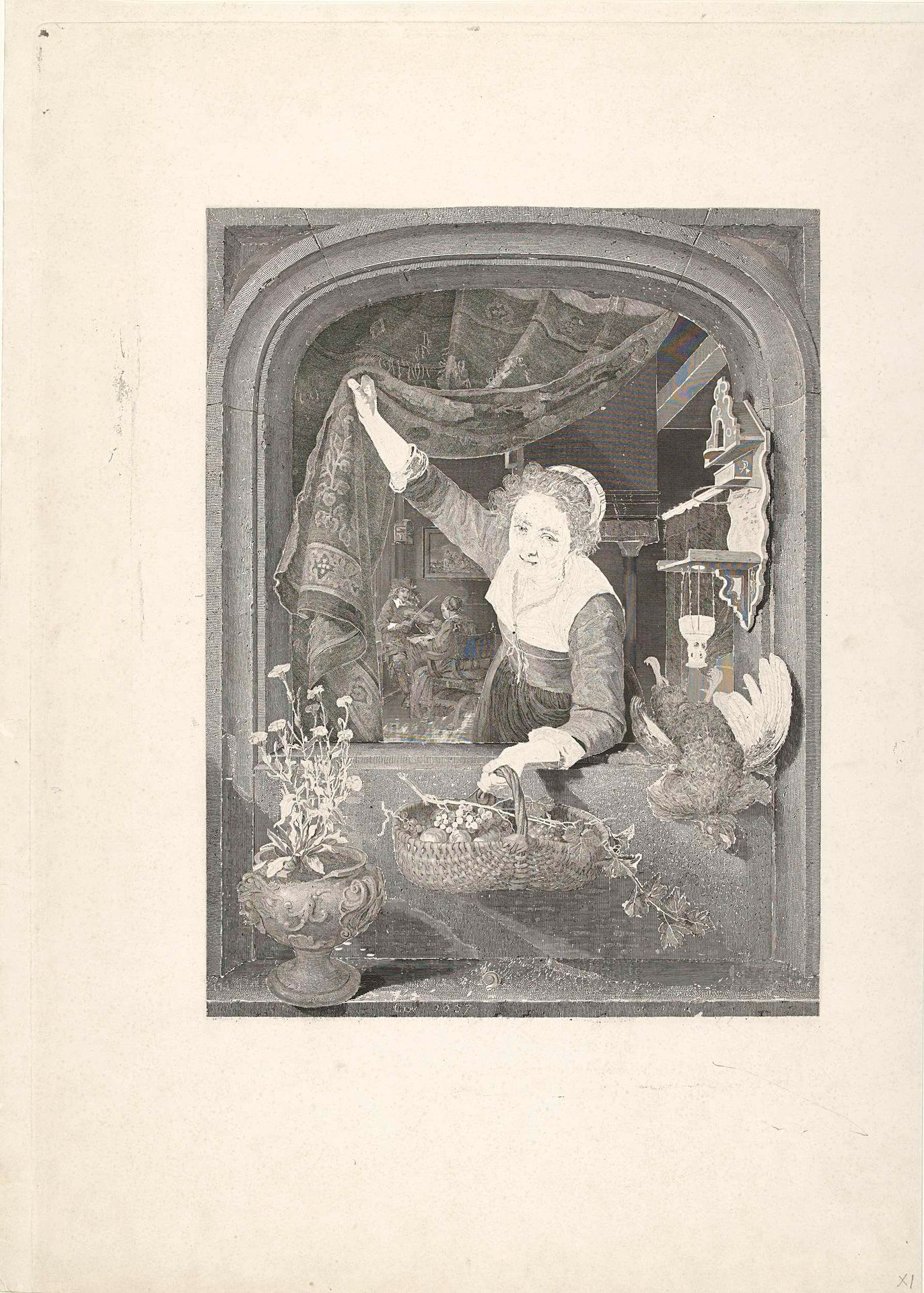 Vrouw met mand met vruchten in de hand bij het raam by Henricus Wilhelmus Couwenberg