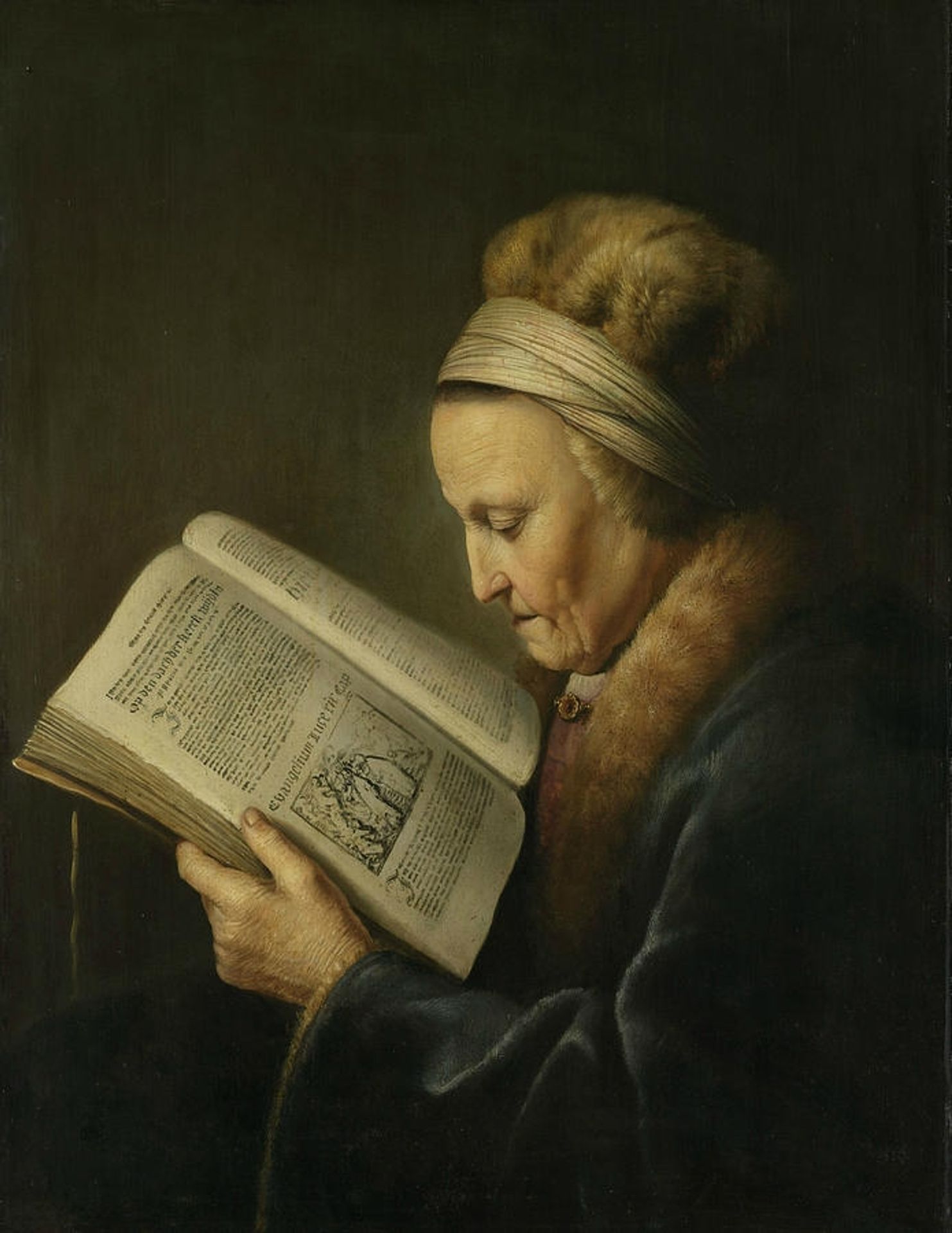 Portrait of an old woman reading by Gerrit Dou