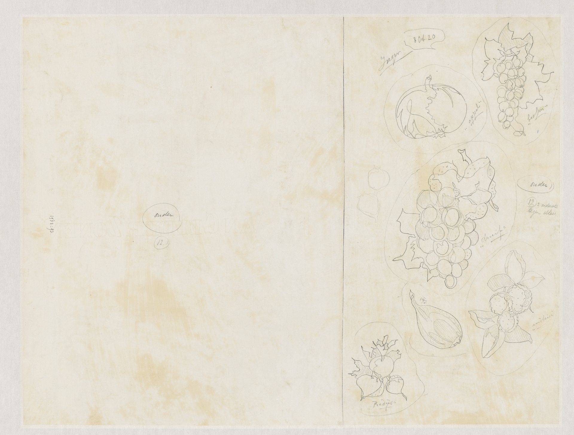 Ontwerpen voor aardewerkdecoratie: appel, druif, bessen, vijg, radijs en aardbeien by Theo Colenbrander