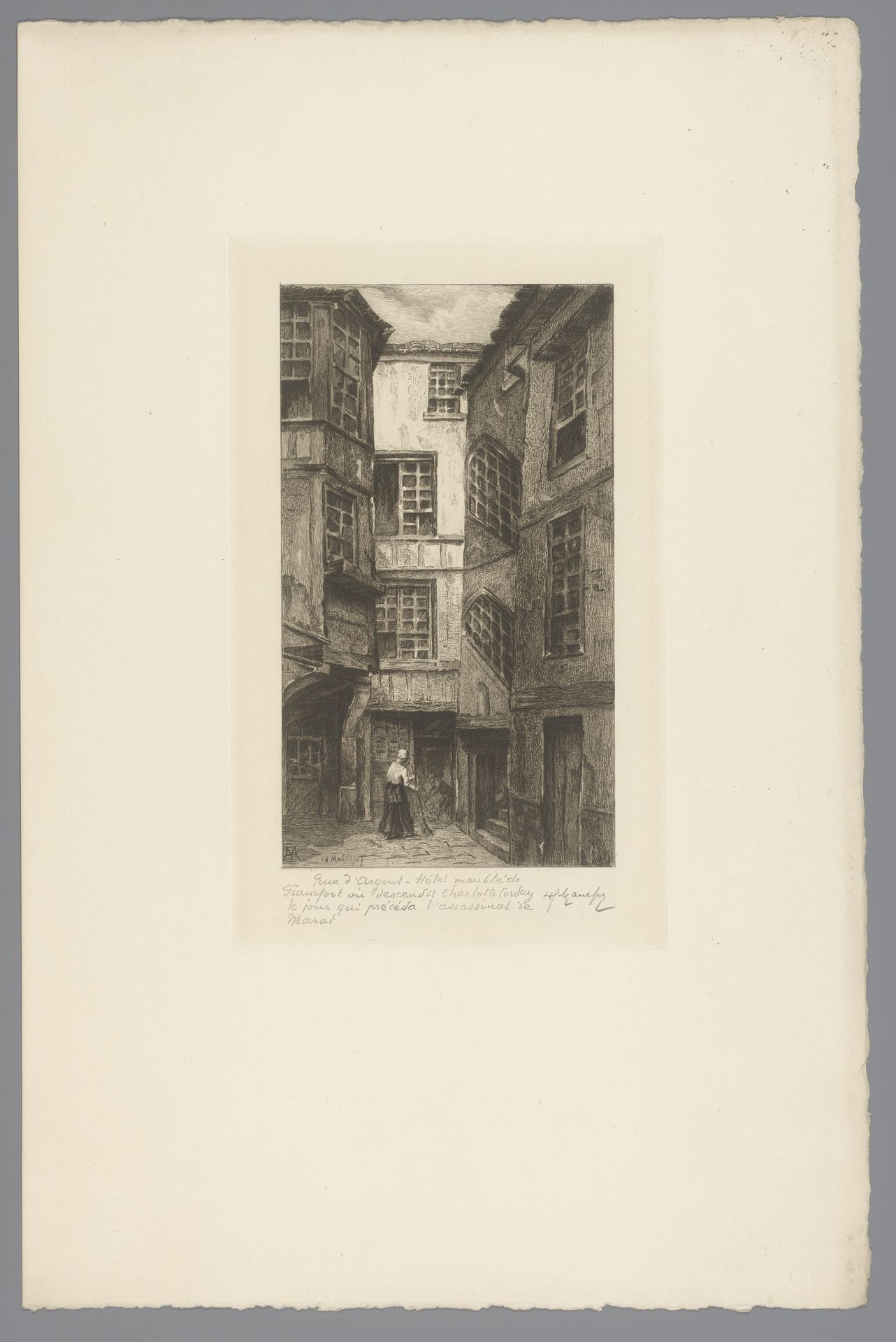 Gezicht op het Hôtel meublé de Francfort in de rue d'Argout met een straatveegster by Henri Manesse