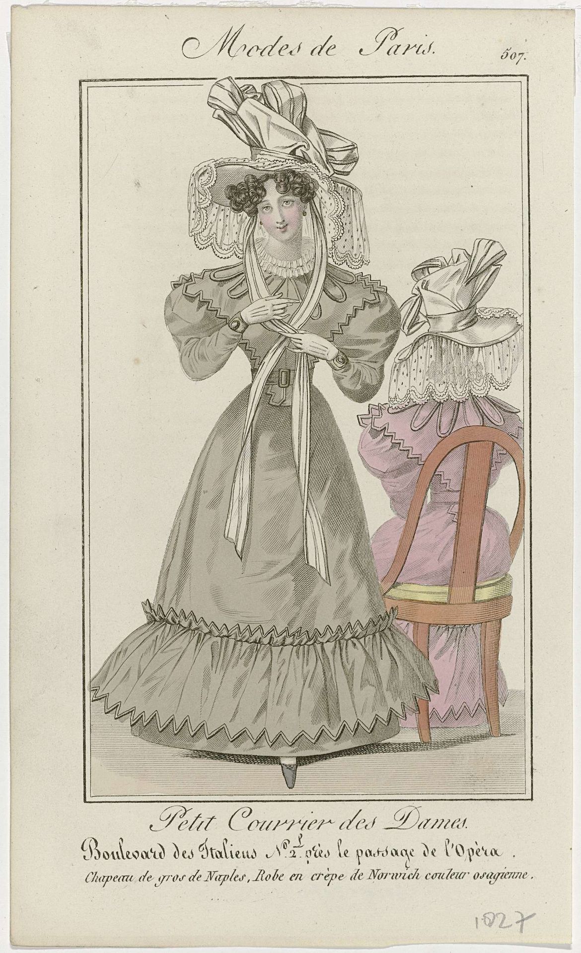 Petit Courrier des Dames, 1827, No. 507 : Chapeau de gros de Naples (...) by Anonymous
