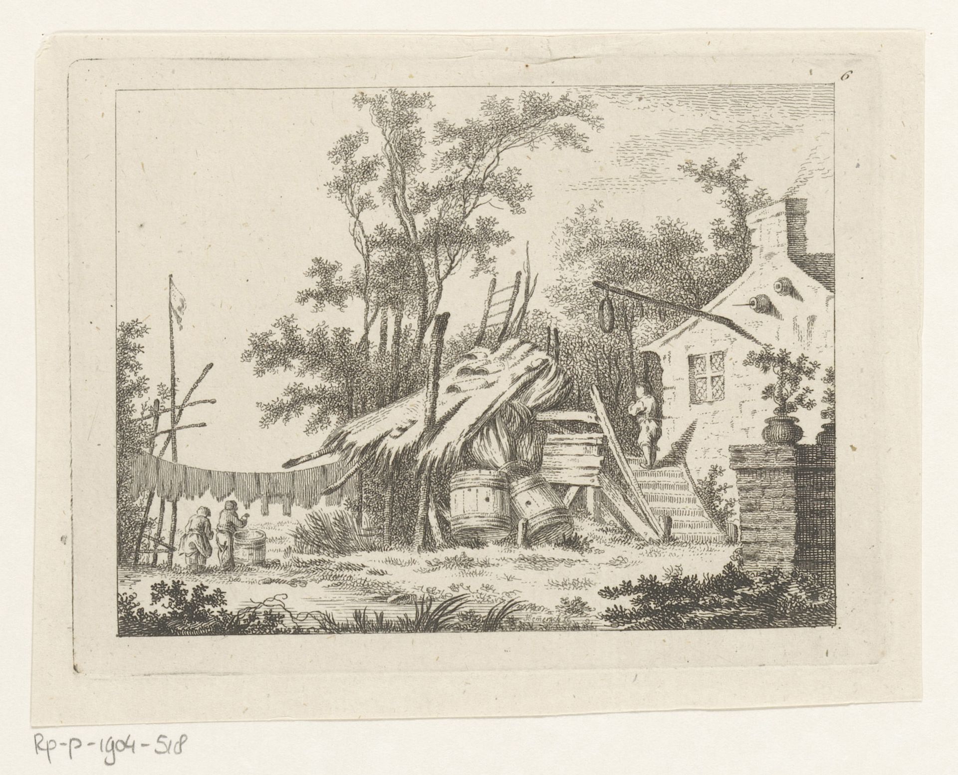 Landschap met boerderij en mensen die de was ophangen by Cornelius Heinrich Hemerich