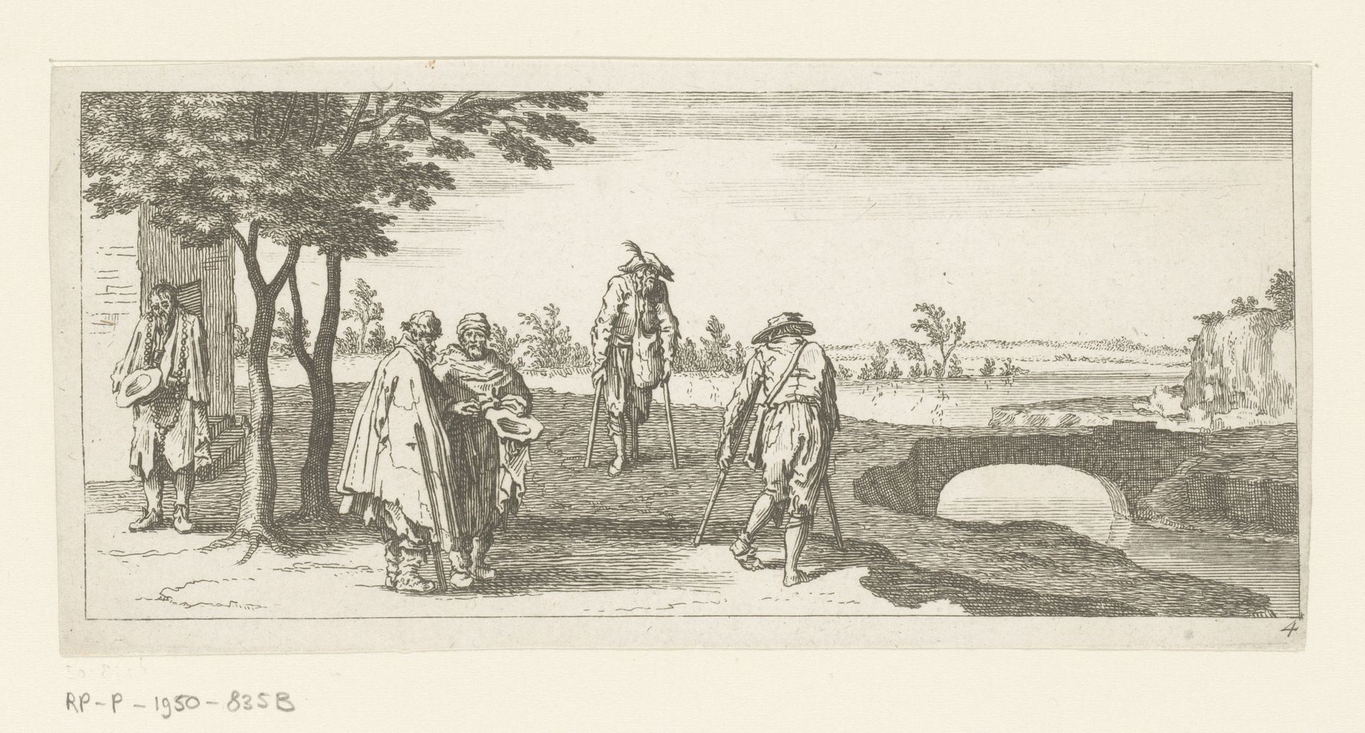 Bedelaars en figuren met krukken bij een brug by Anonymous