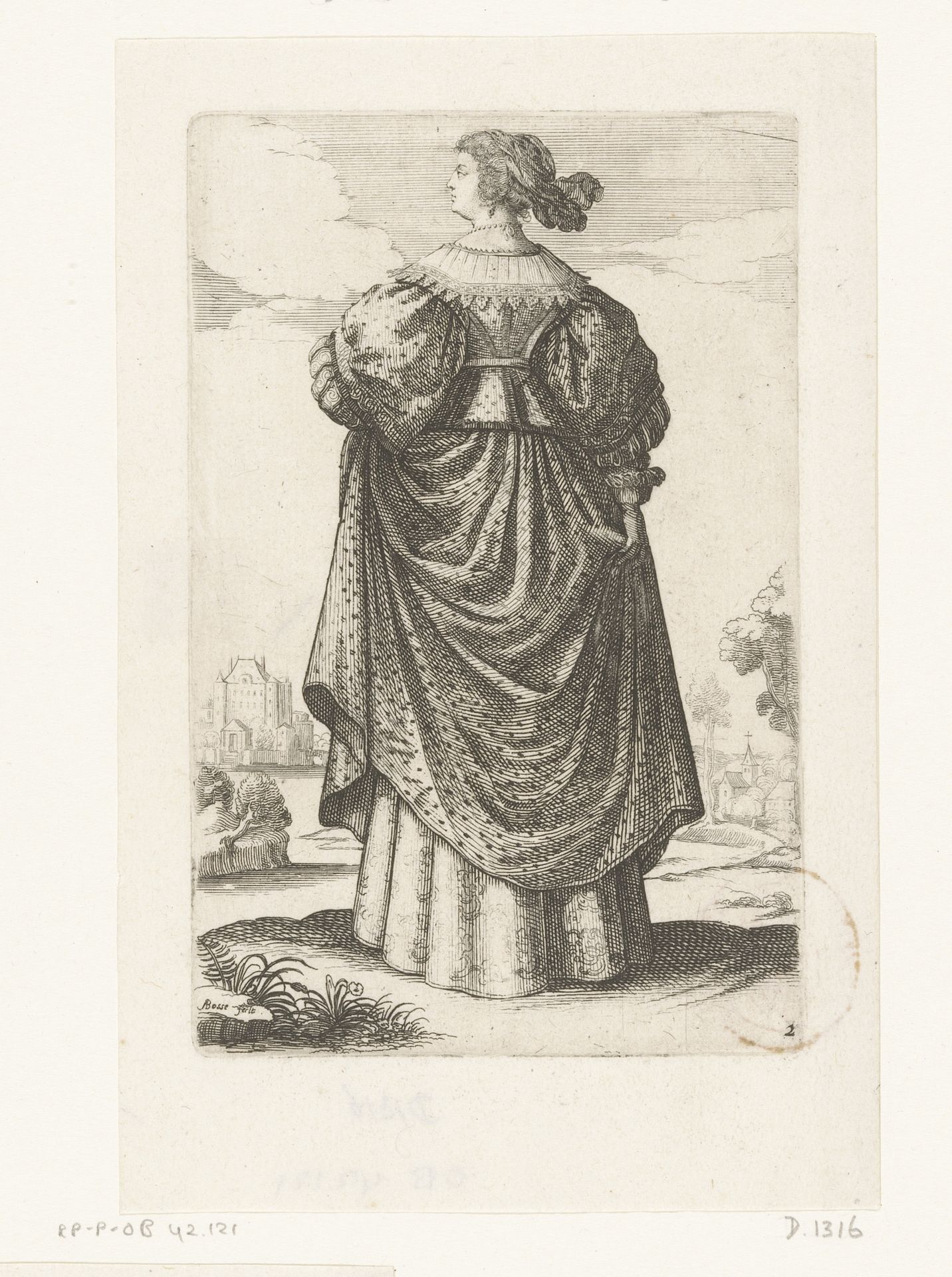 Franse edelvrouw, op de rug gezien, gekleed volgens de mode van ca. 1630 by Abraham Bosse