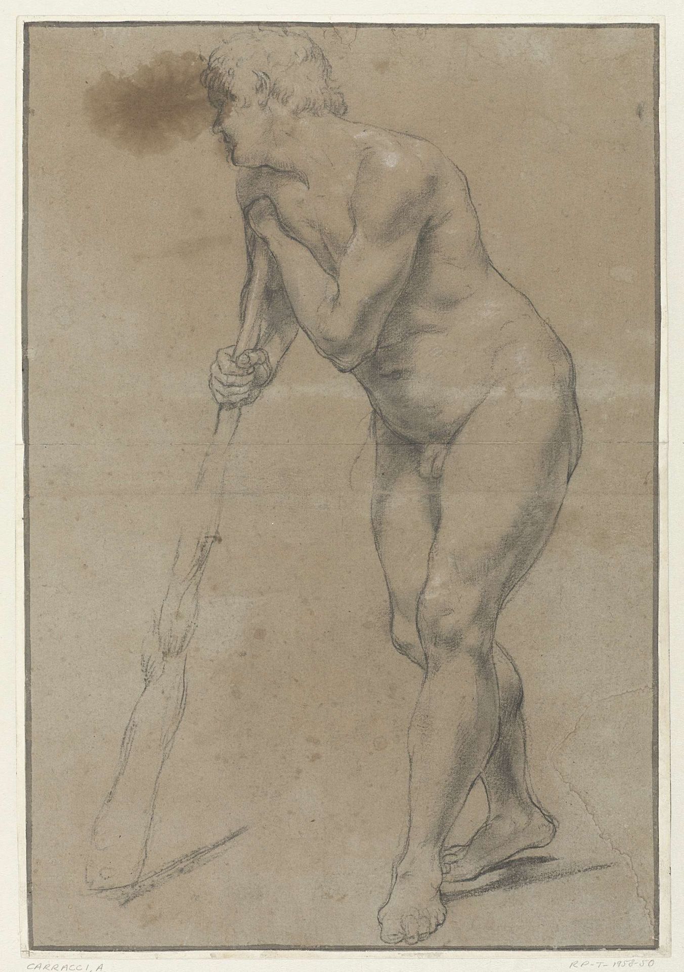 Studie van een naakte man die op een knots leunt by Antonio Carracci