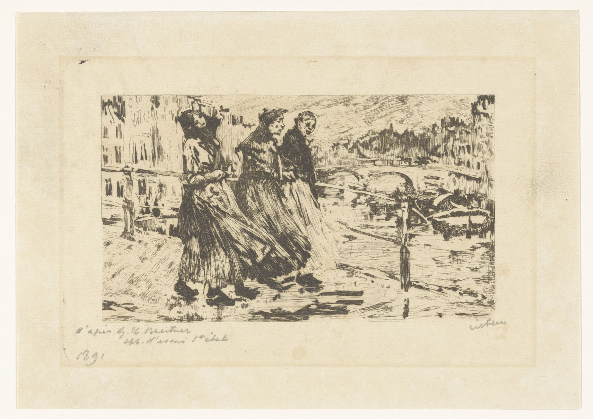 Drie vrouwen op een brug in wind en regen by Willem Witsen