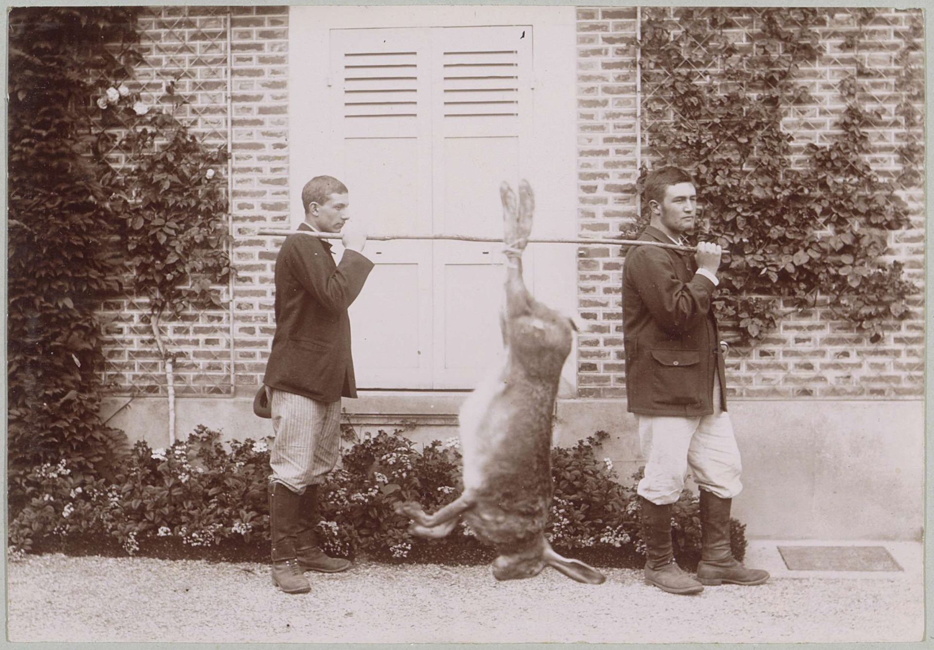 Twee mannen met een grote haas aan een draagstok, vermoedelijk geënsceneerd by Delizy