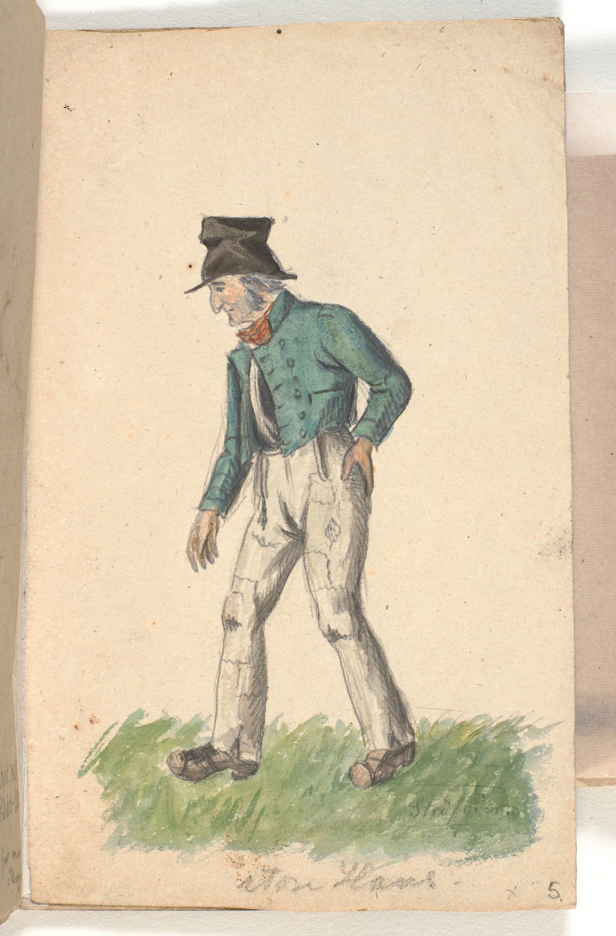 En gående mand med meget lappede bukser, kort jakke og høj hat. by P.C. Skovgaard