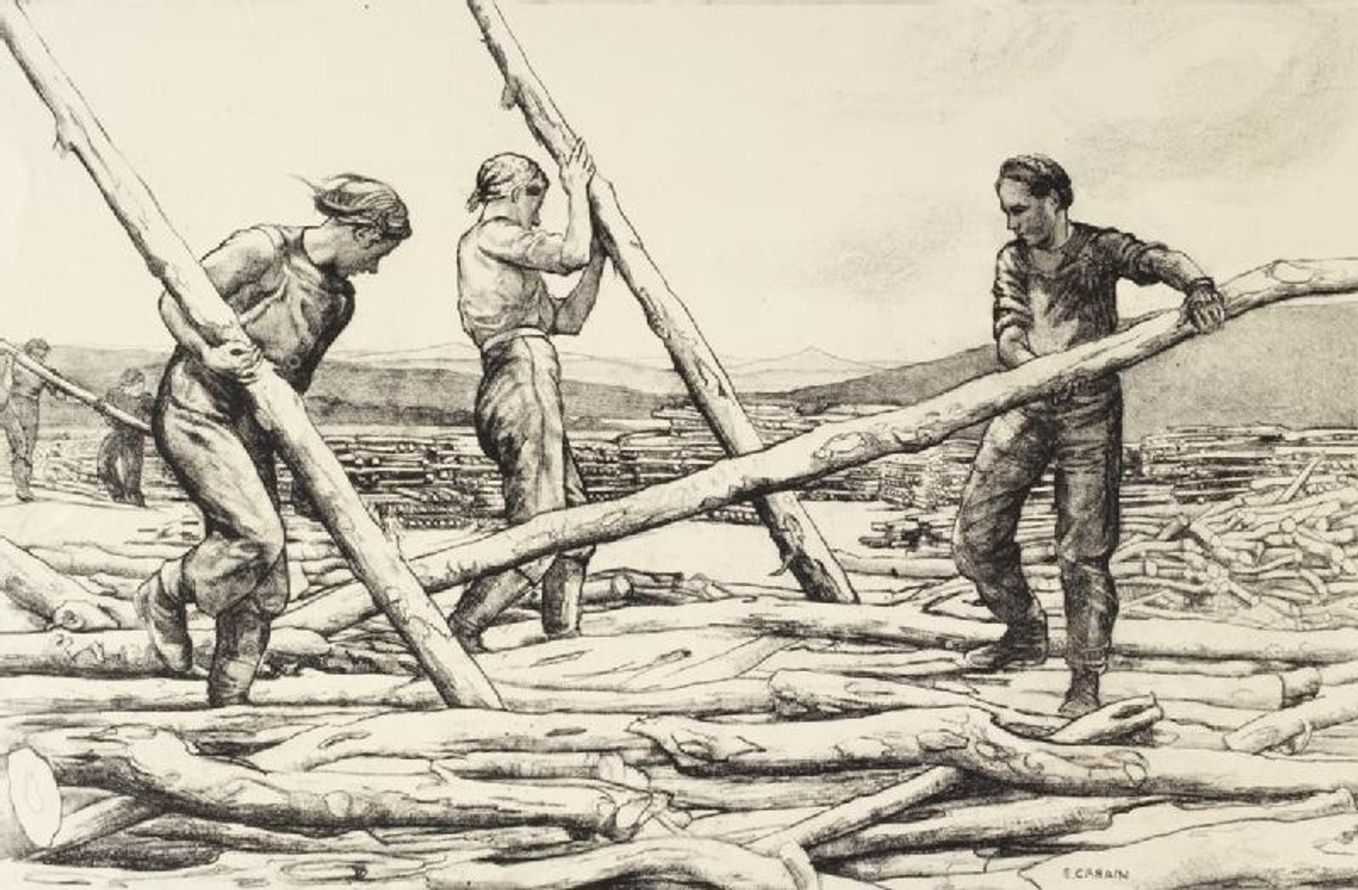 Women Lumberjacks at Pityoulish Lumber Camp by Ethel Léontine Gabain