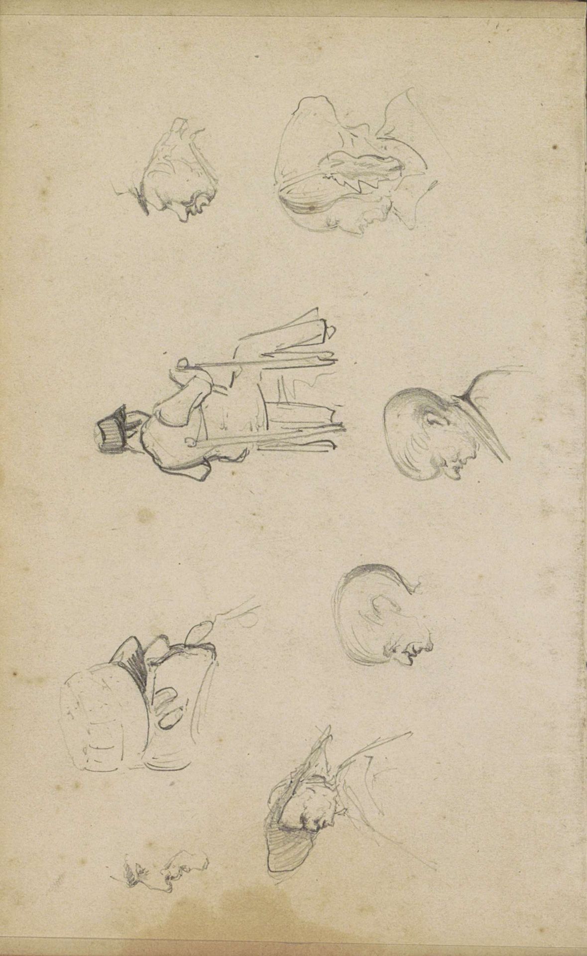 Mannen-en vrouwenkoppen en een zittende man met pet en wandelstok by Johannes Tavenraat