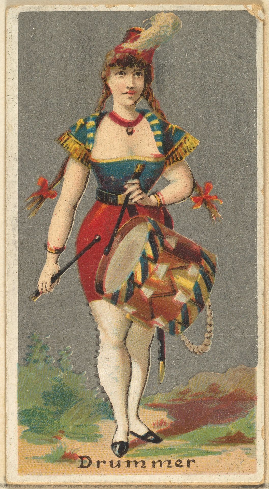 Drummer, from the Occupations for Women series (N166) for Old Judge and Dogs Head Cigarettes by Goodwin & Company