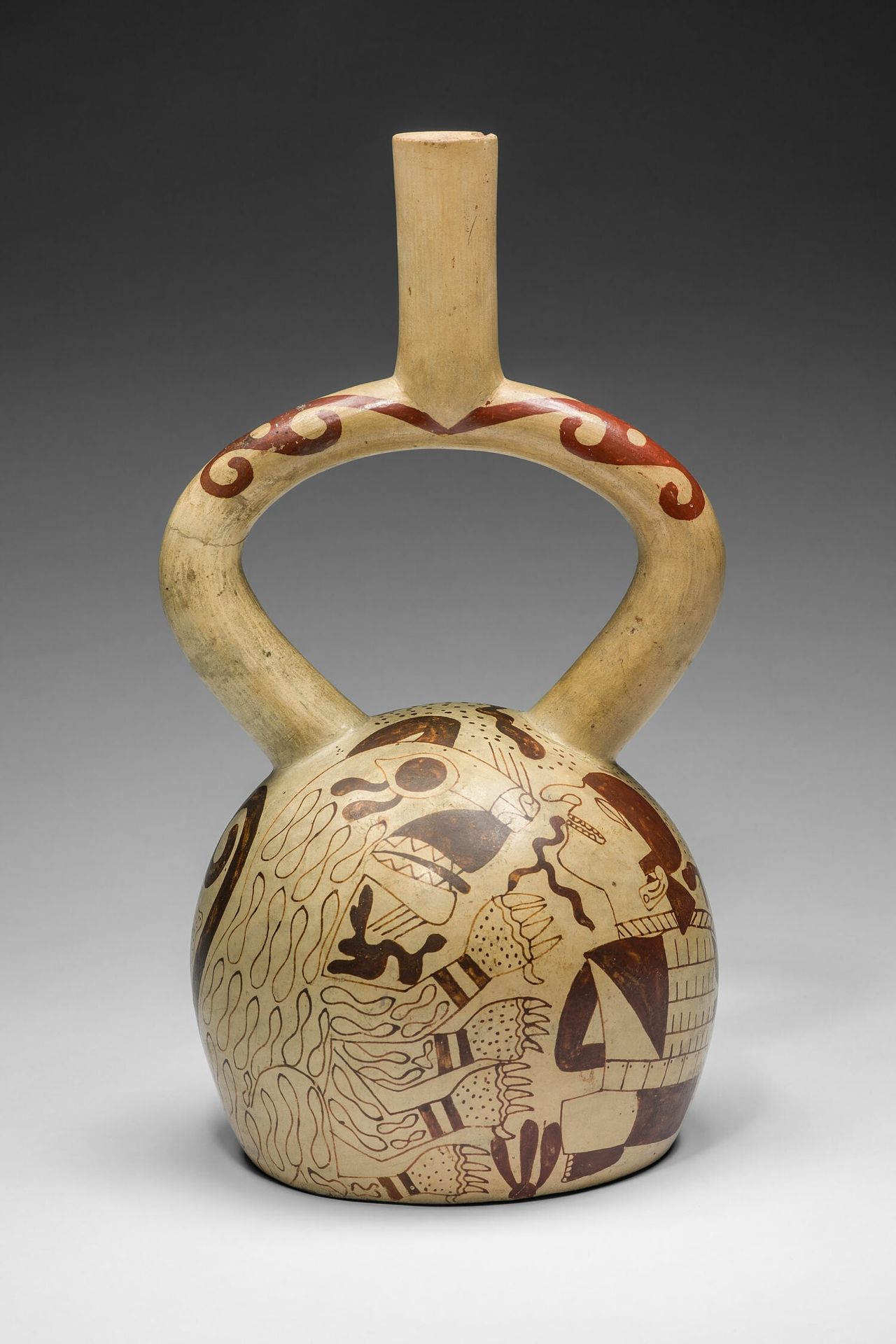 Vessel Depicting a Bound Prisoner Facing a Jaguar by Moche