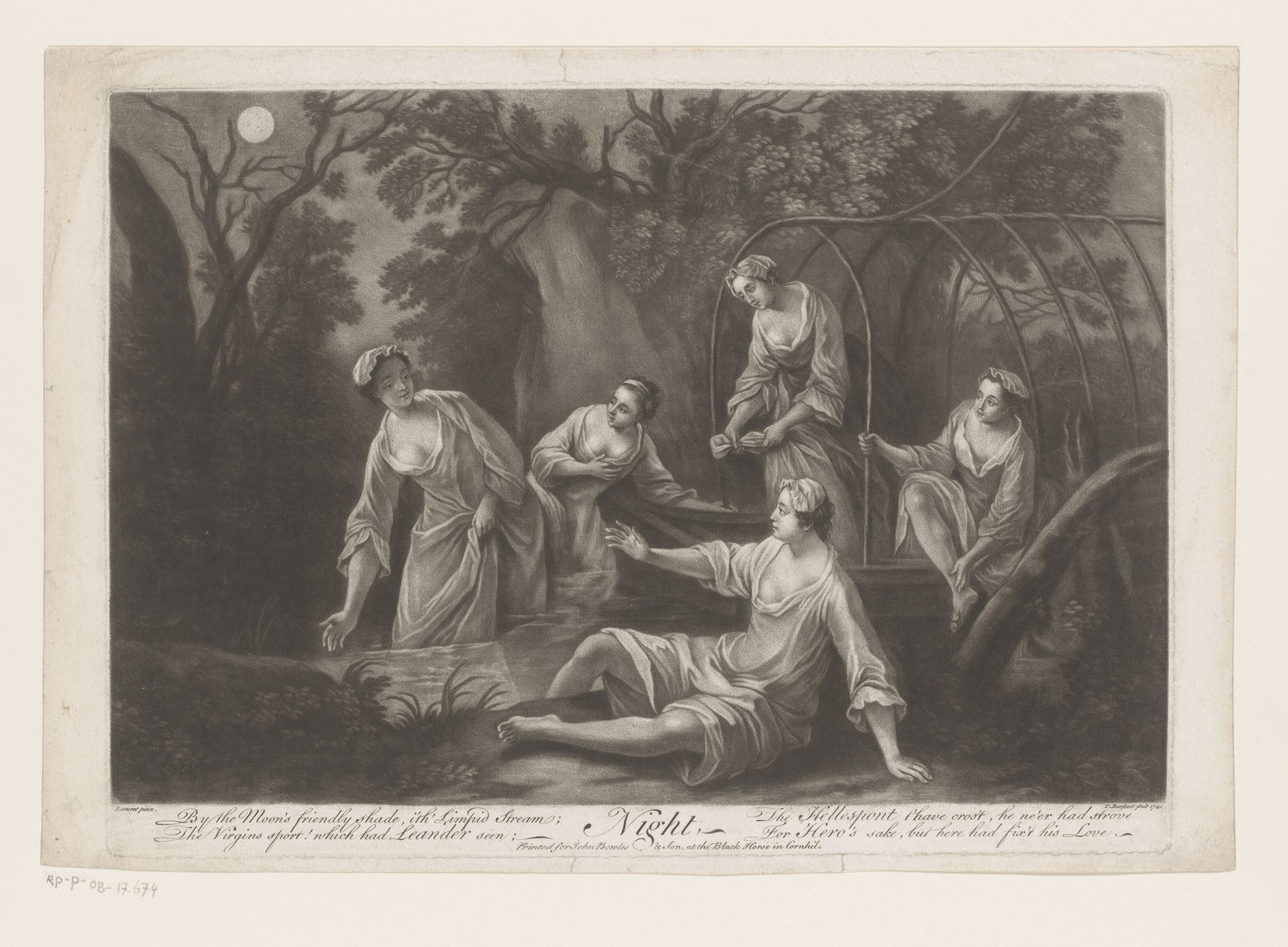Vijf vrouwen bij een bron in de nacht by Thomas Burford