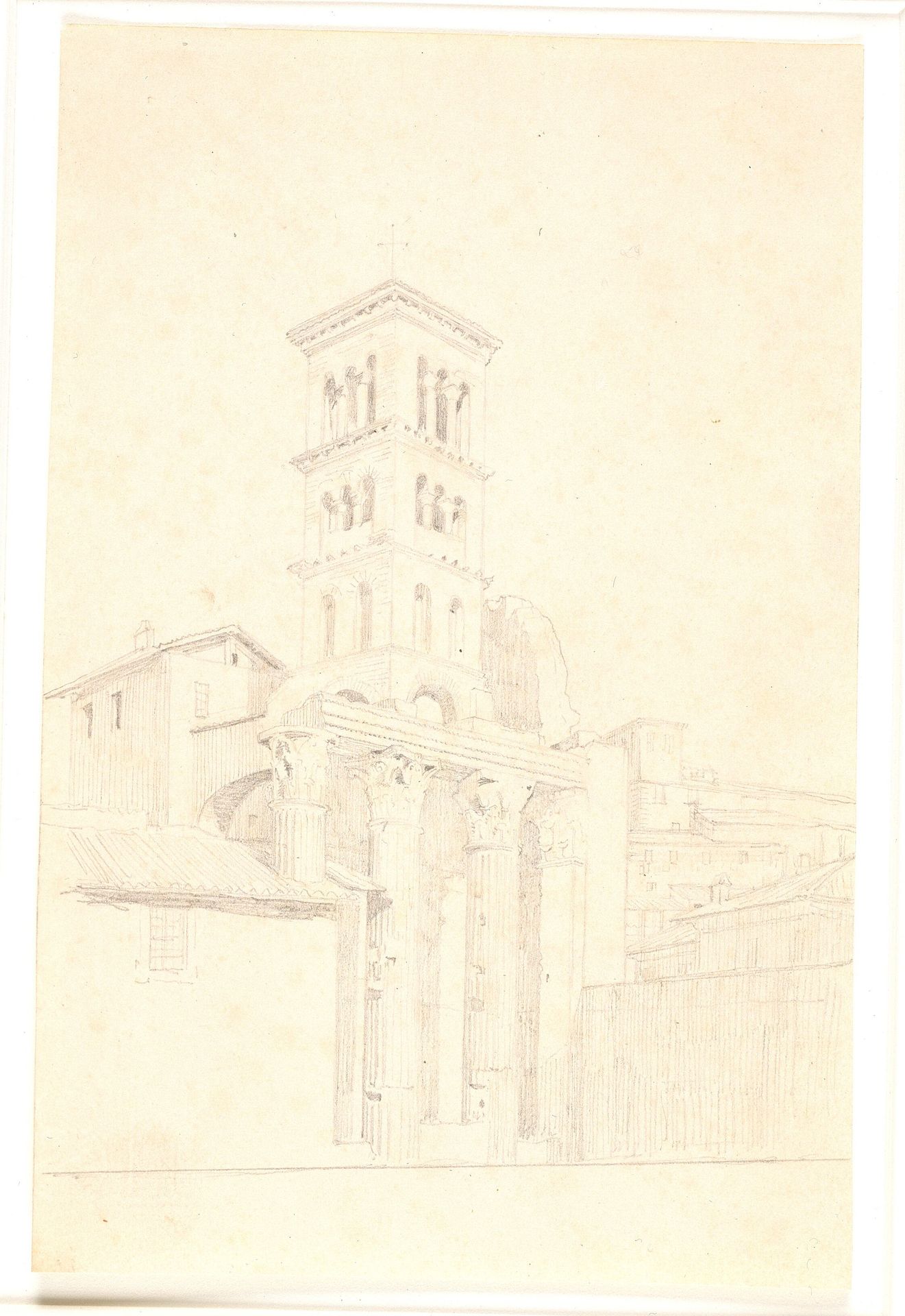 Søjlerække fra Mars Ultors tempel. I baggrunden et kirketårn, S.S. Quirico e Giulitta by Constantin Hansen