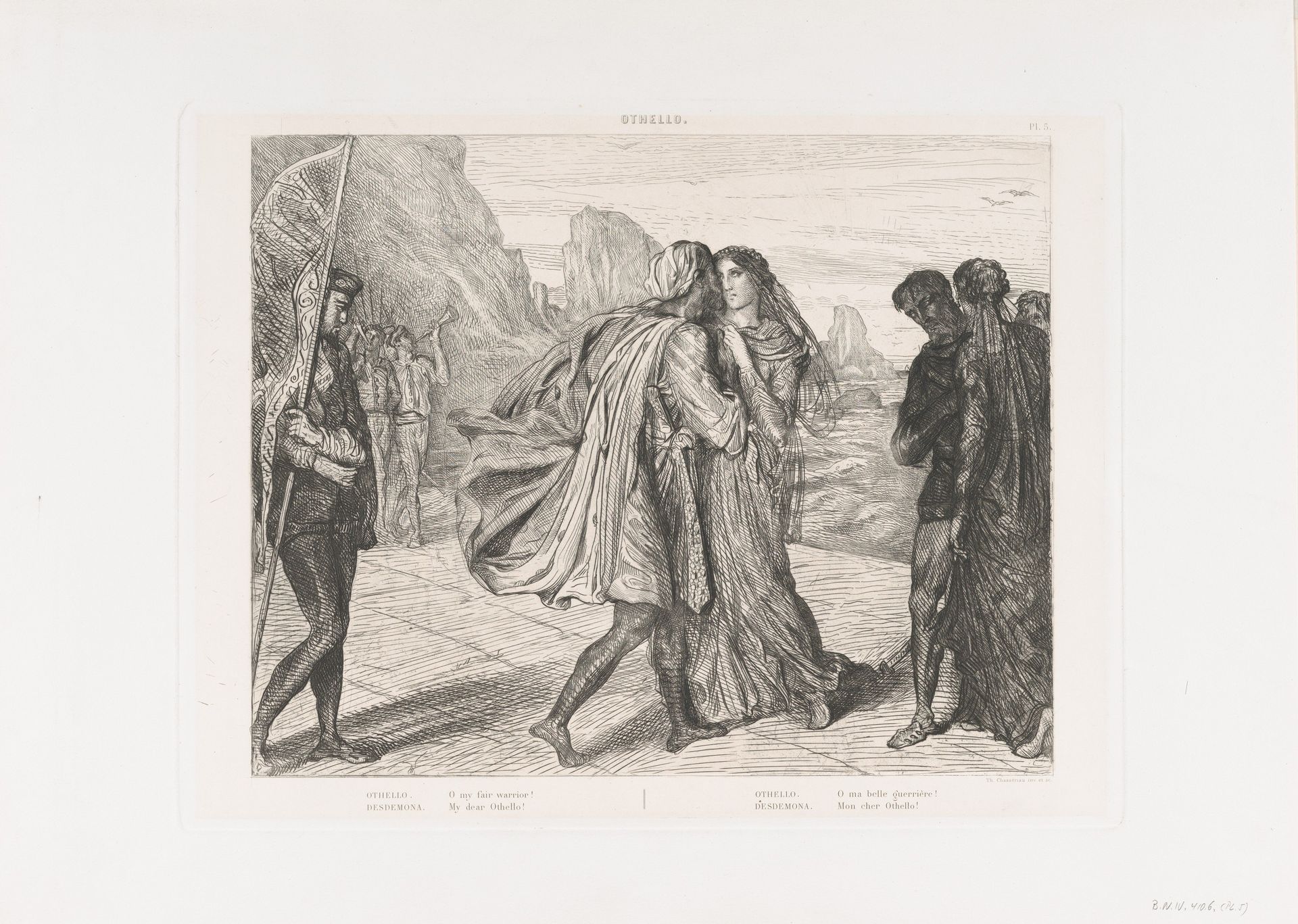 "O my fair warrior!": plate 5 from Othello (Act 2, Scene 1) by Théodore Chassériau