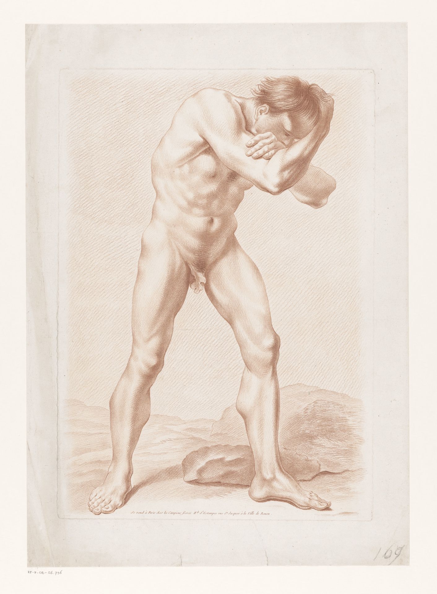 Staande naakte man met armen rond zijn hoofd gevouwen by Louis Marin Bonnet