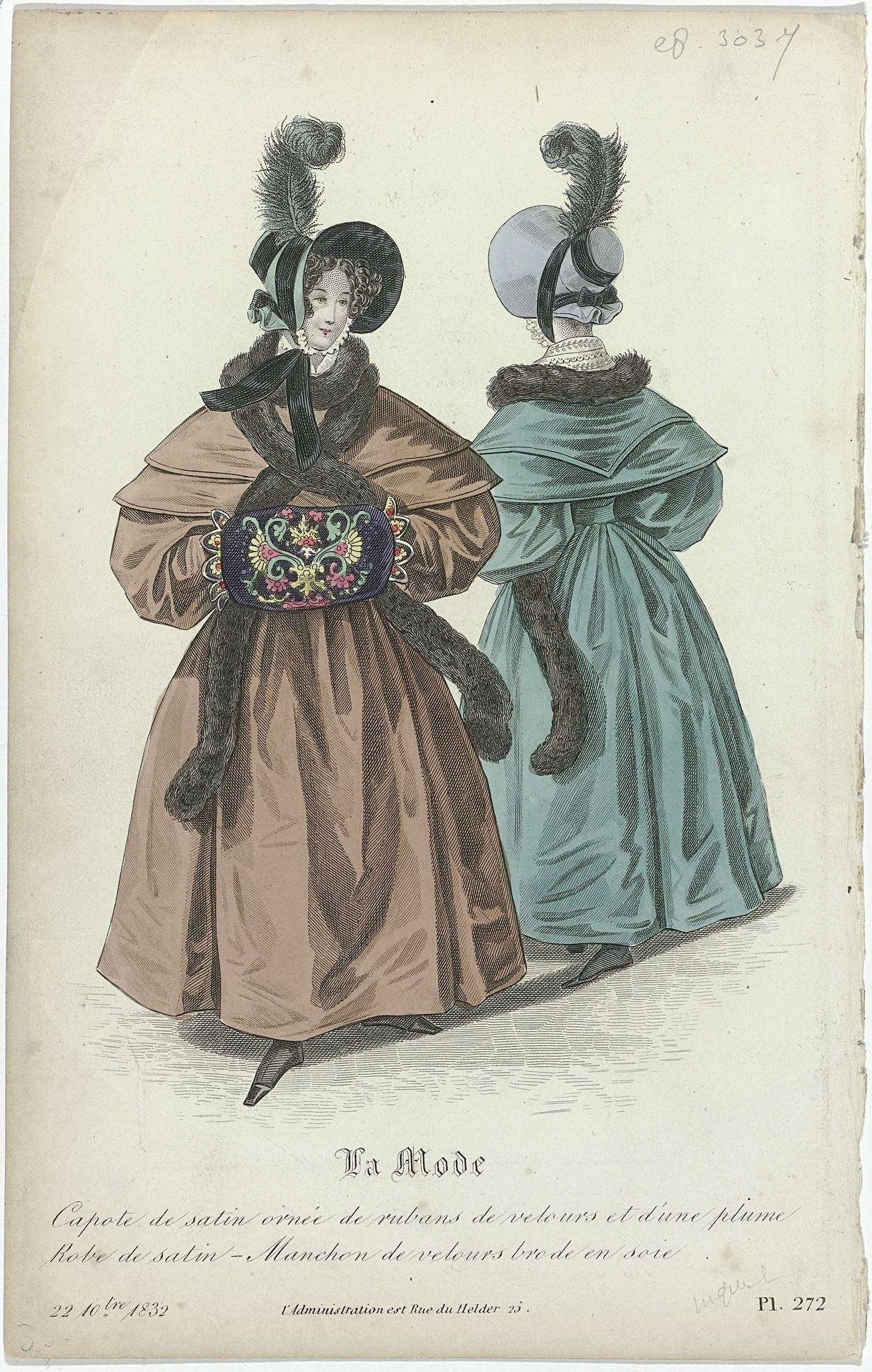 La Mode, 22 décembre 1832, Pl. 272 : Capote de satin ornée de rubans (...) by Anonymous