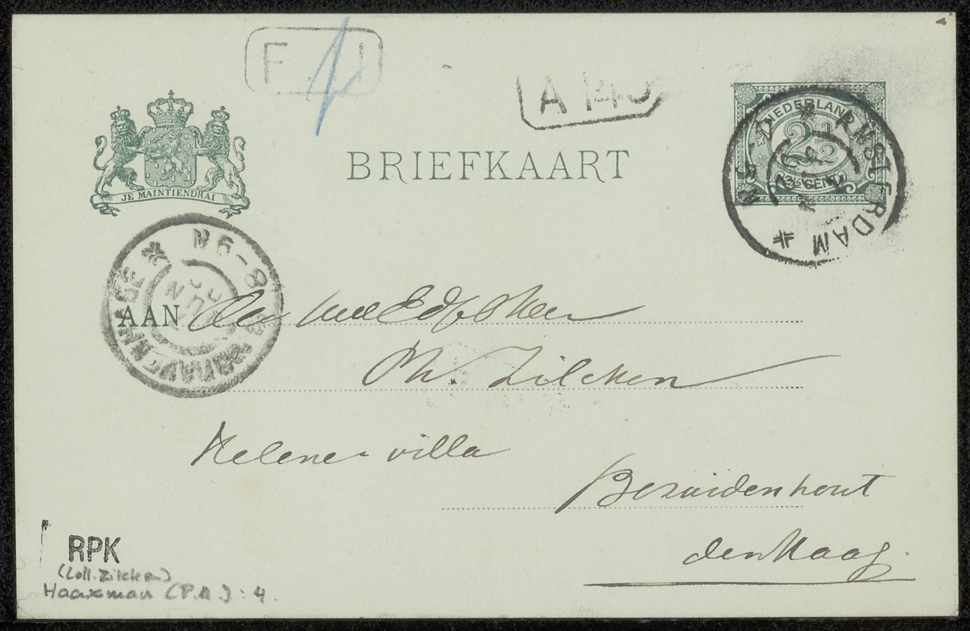 Briefkaart aan Philip Zilcken by Pieter Anne Haaxman