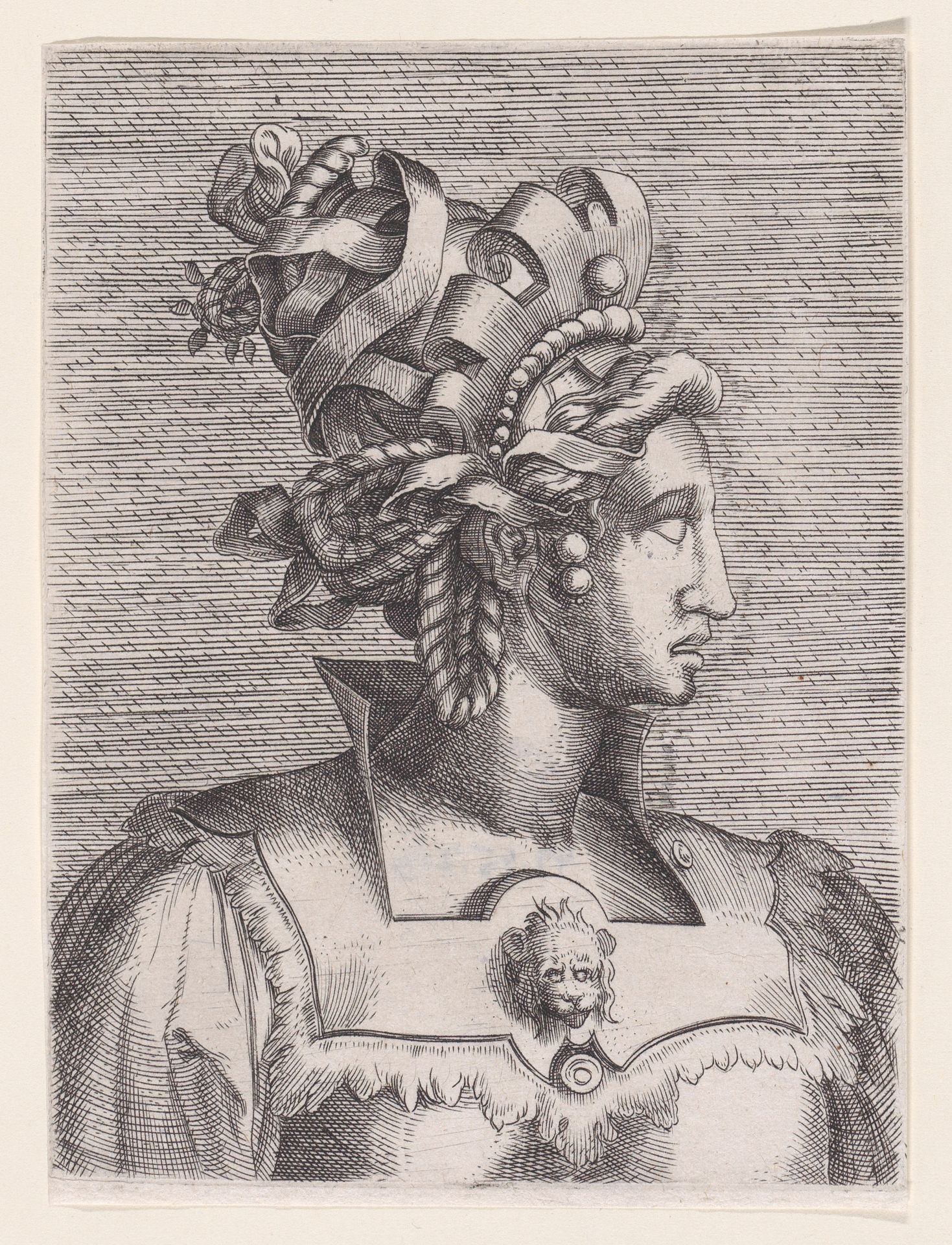 Bust of a Woman Wearing a Fantastic Head-dress and Mask by René Boyvin