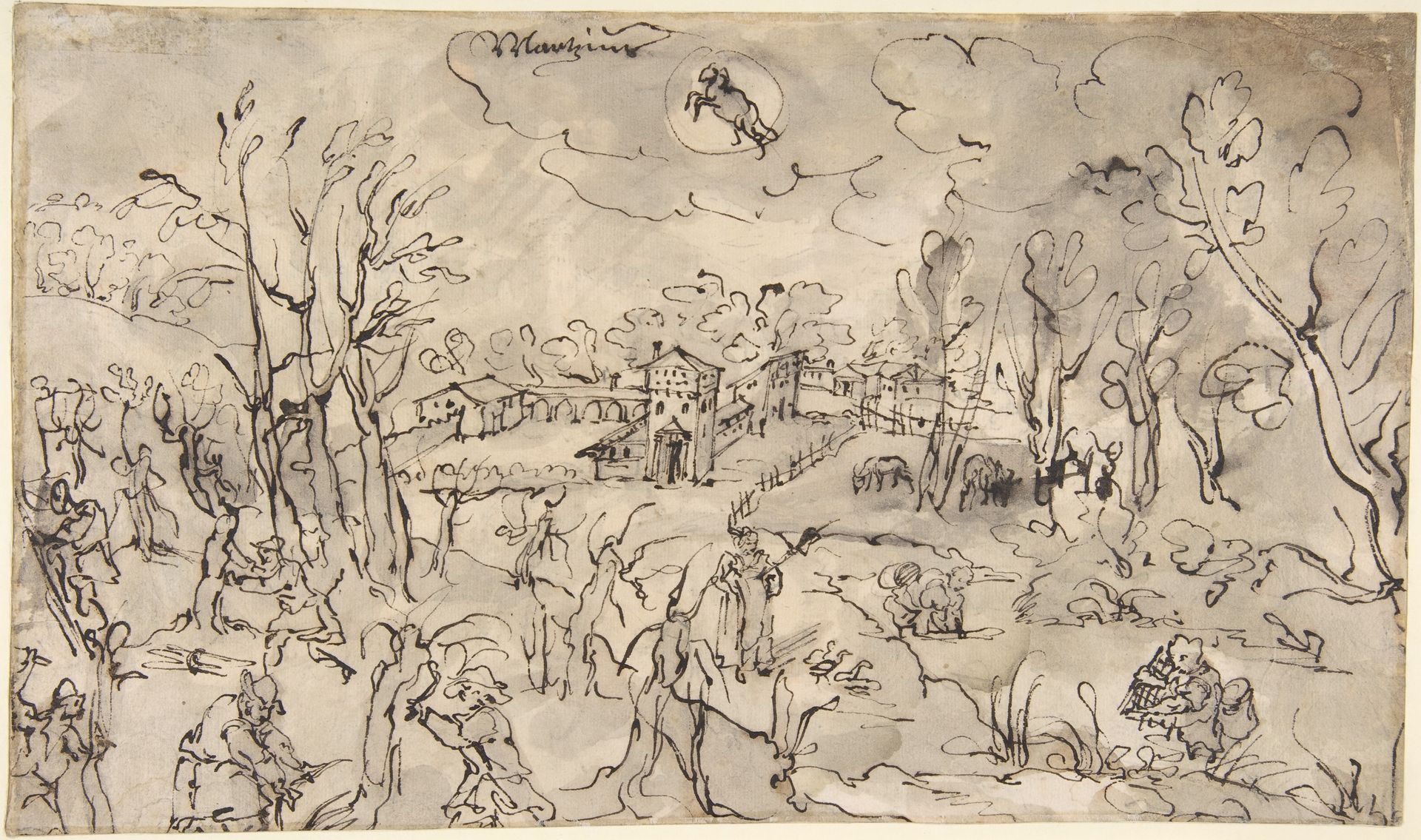 Landscape with Figures Trimming Trees, an Allegory of the Month of March; Verso: Mountainous Landscape with Two Men Crossing a Bridge by Anonymous