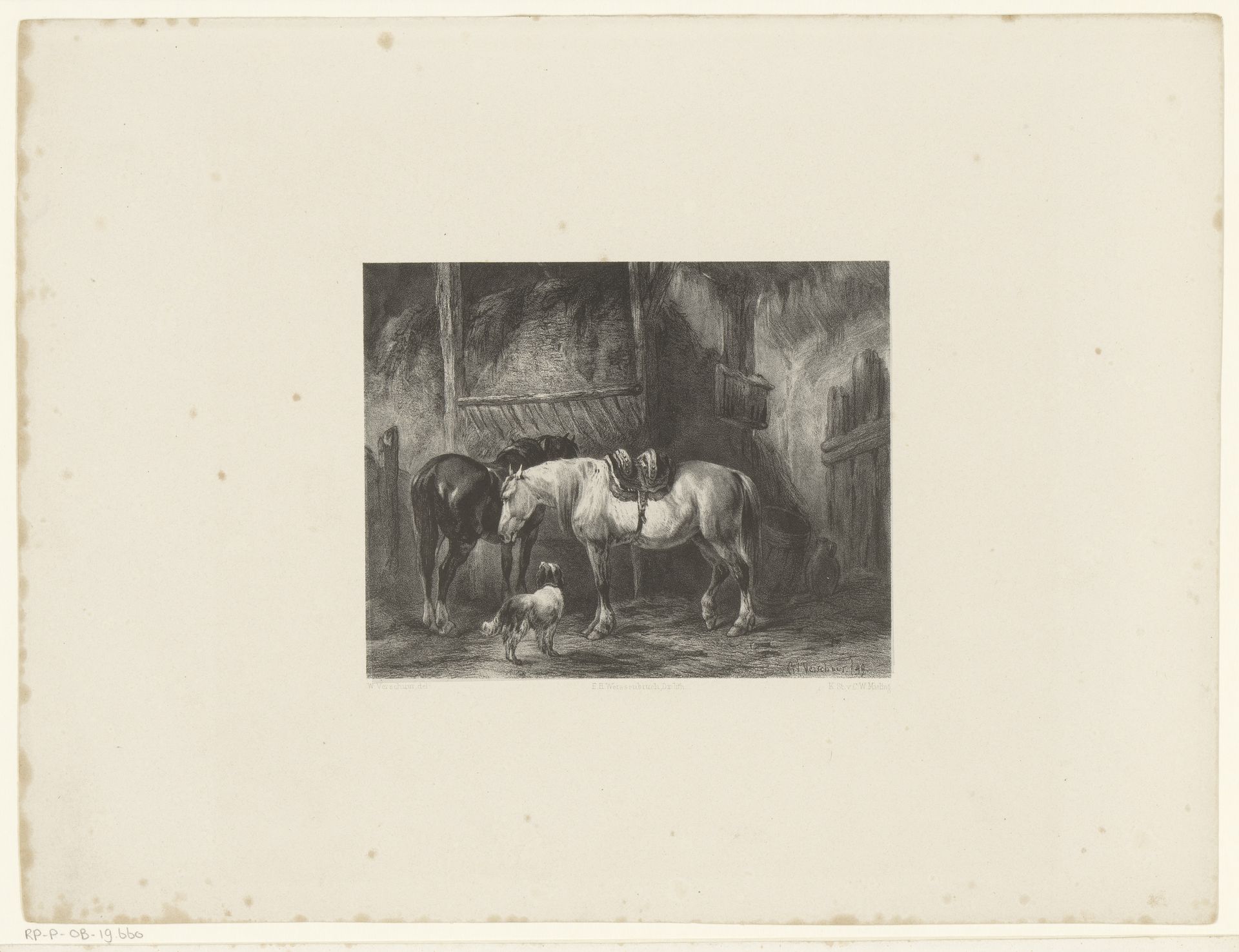 Twee paarden en hond in een stal by Frederik Hendrik Weissenbruch