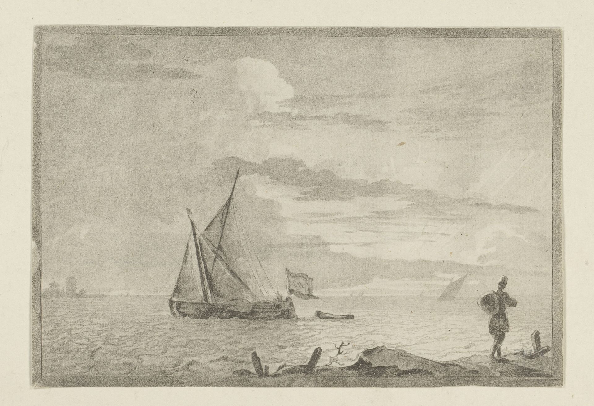 Man met zak op de schouder bij zonsopgang by Cornelis Brouwer