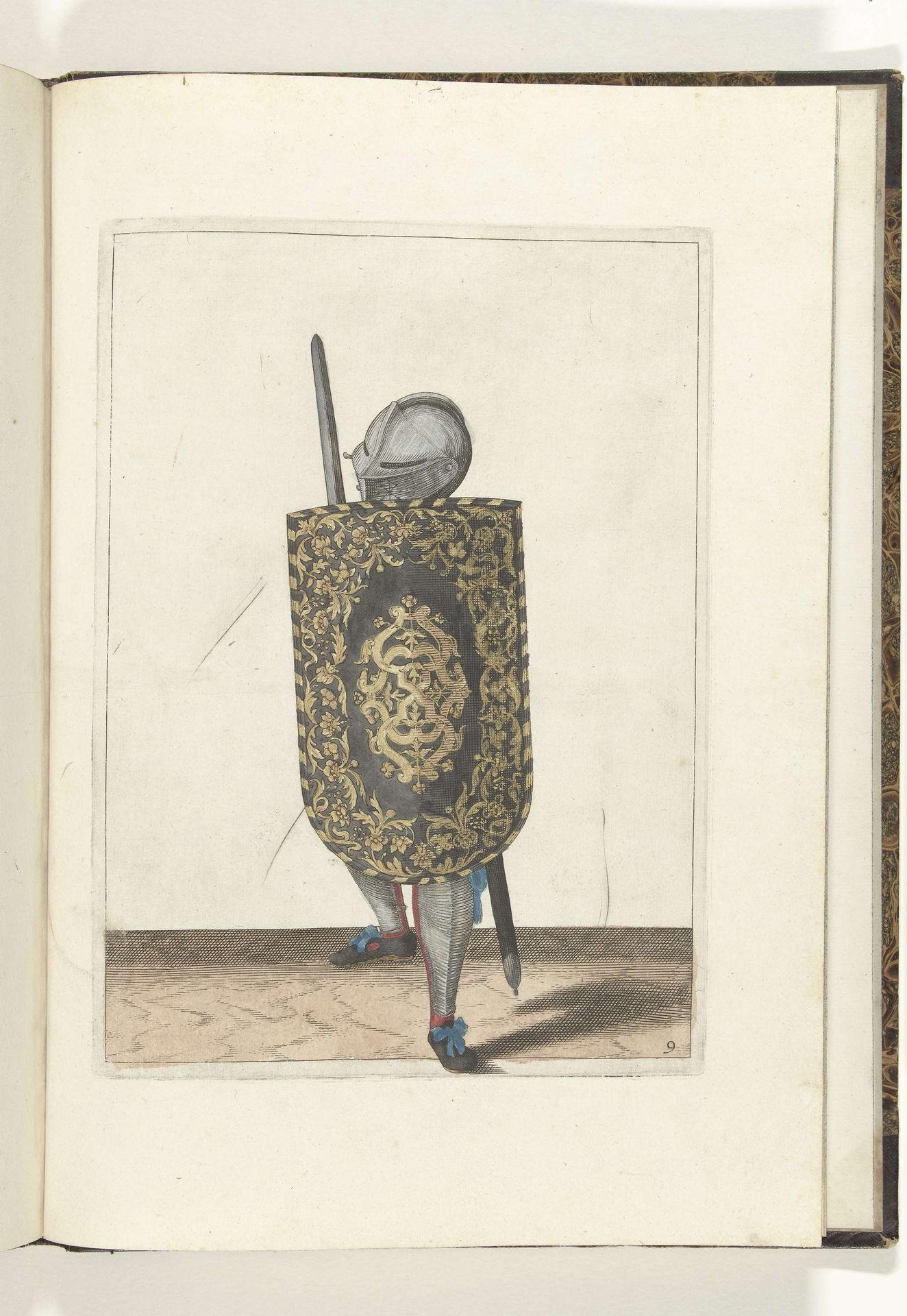 De exercitie met de targe en rapier: hoe de soldaat zich moet verdedigen met de targe rustend tegen de linkerknie en linkerschouder, de getrokken rapier in de hand, van voren gezien, (nr. 9), 1618 by Adam van Breen