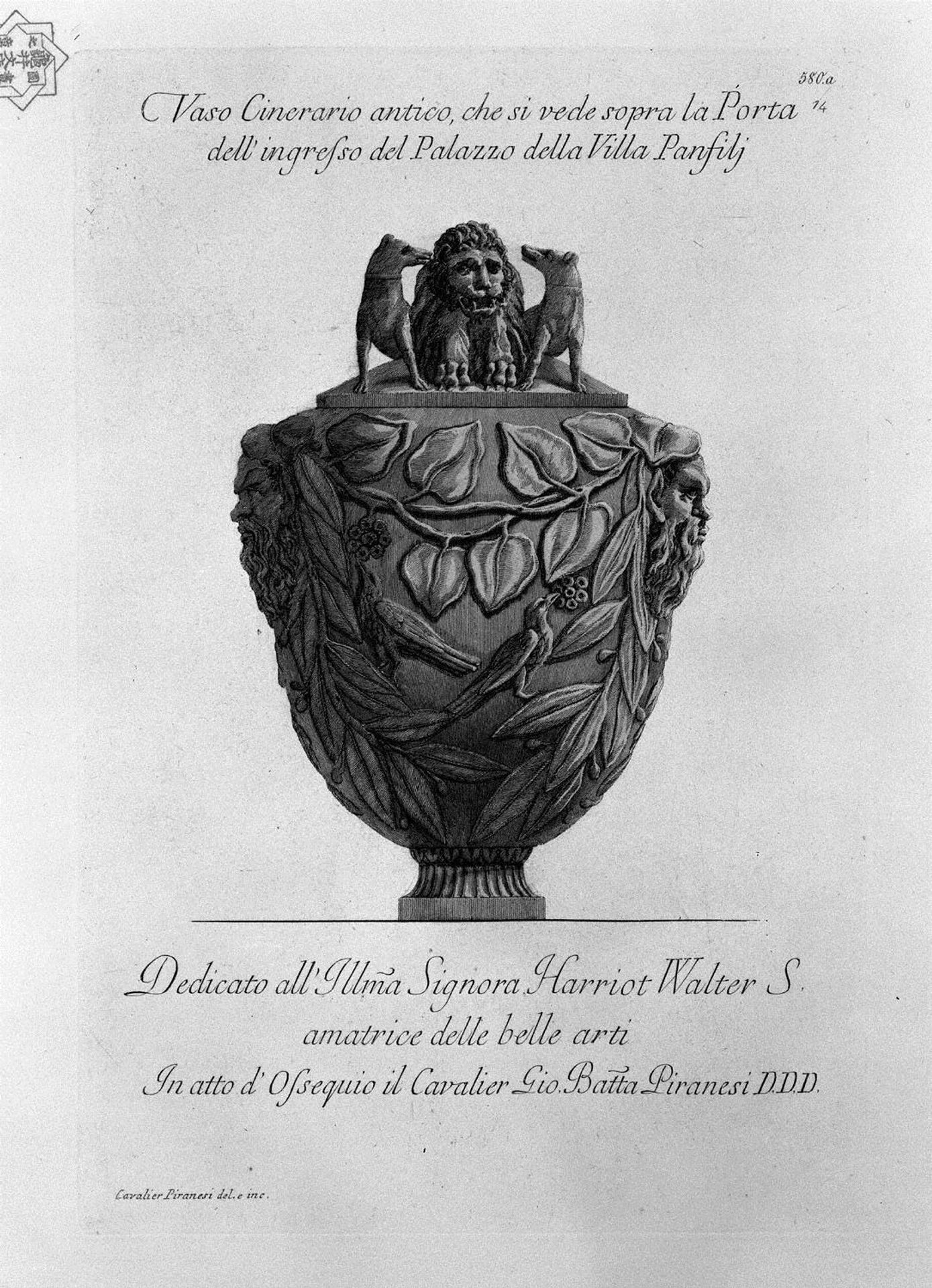 Cinerary vase you see over the front door of the Palace of the Villa Panphili by Giovanni Battista Piranesi