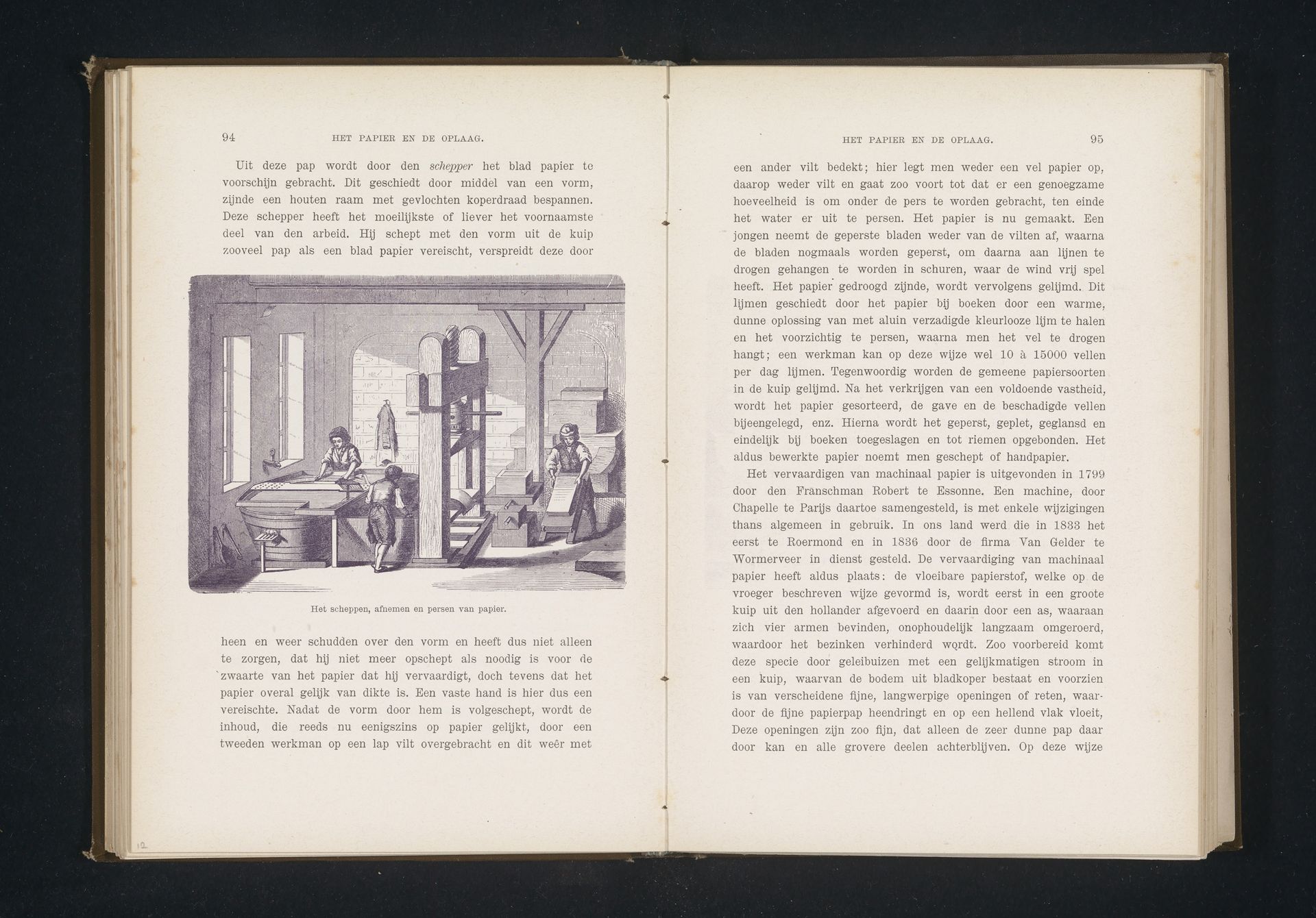 Reproductie van een gravure van het scheppen, afnemen en persen van papier by Rimmer van der Meulen