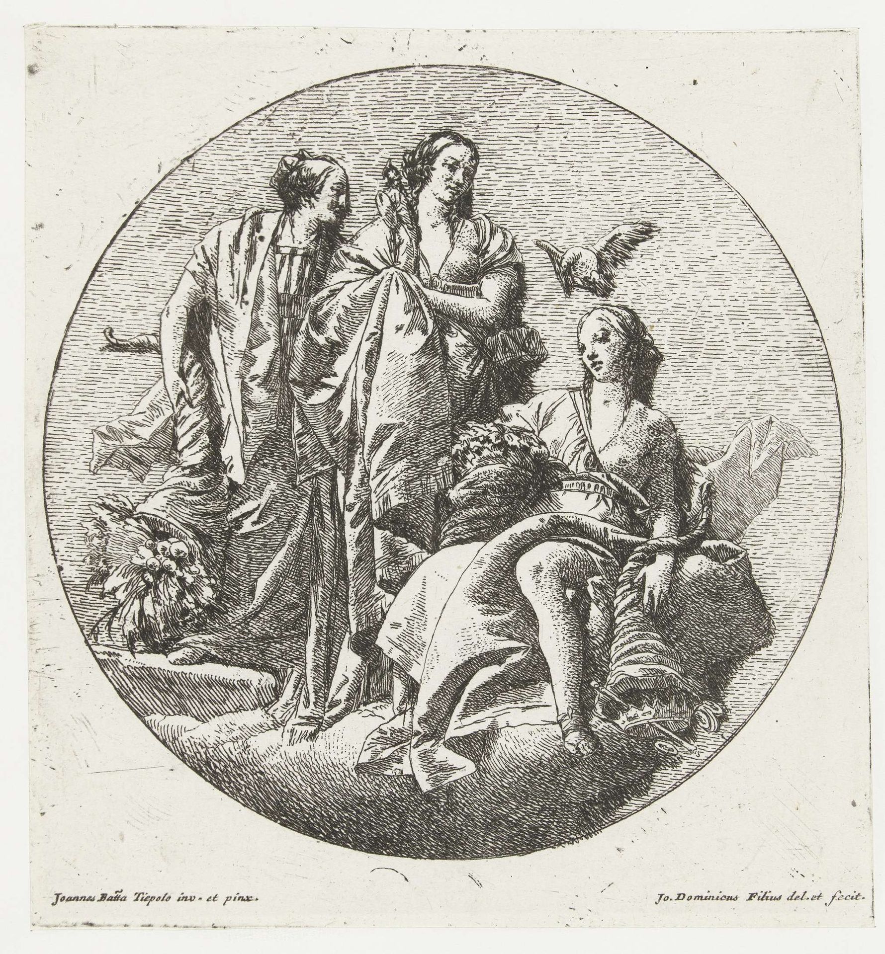 Drie vrouwelijke personificaties met hoornen des overvloed en beeldje van Minerva by Giovanni Domenico Tiepolo