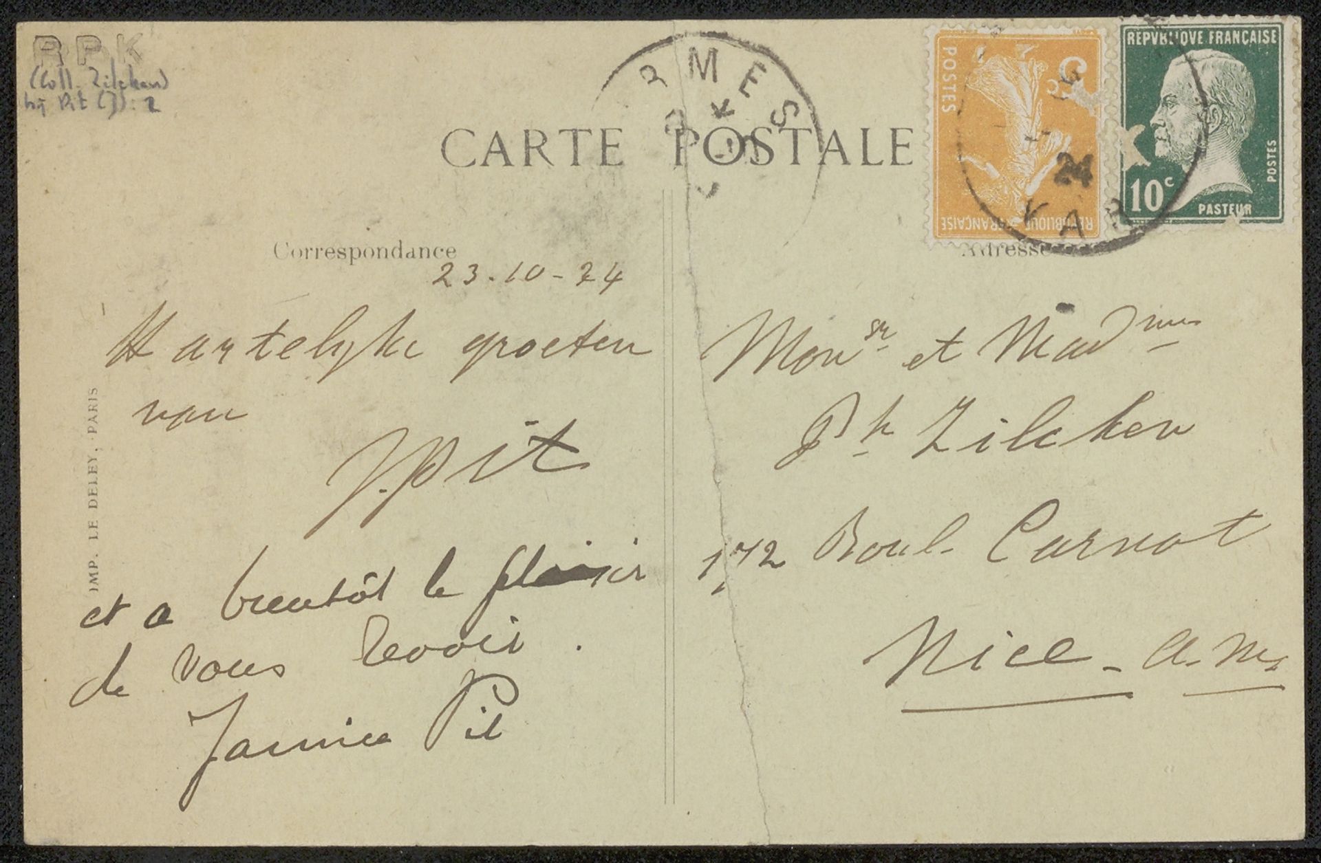 Prentbriefkaart aan Philip Zilcken by J. Pit
