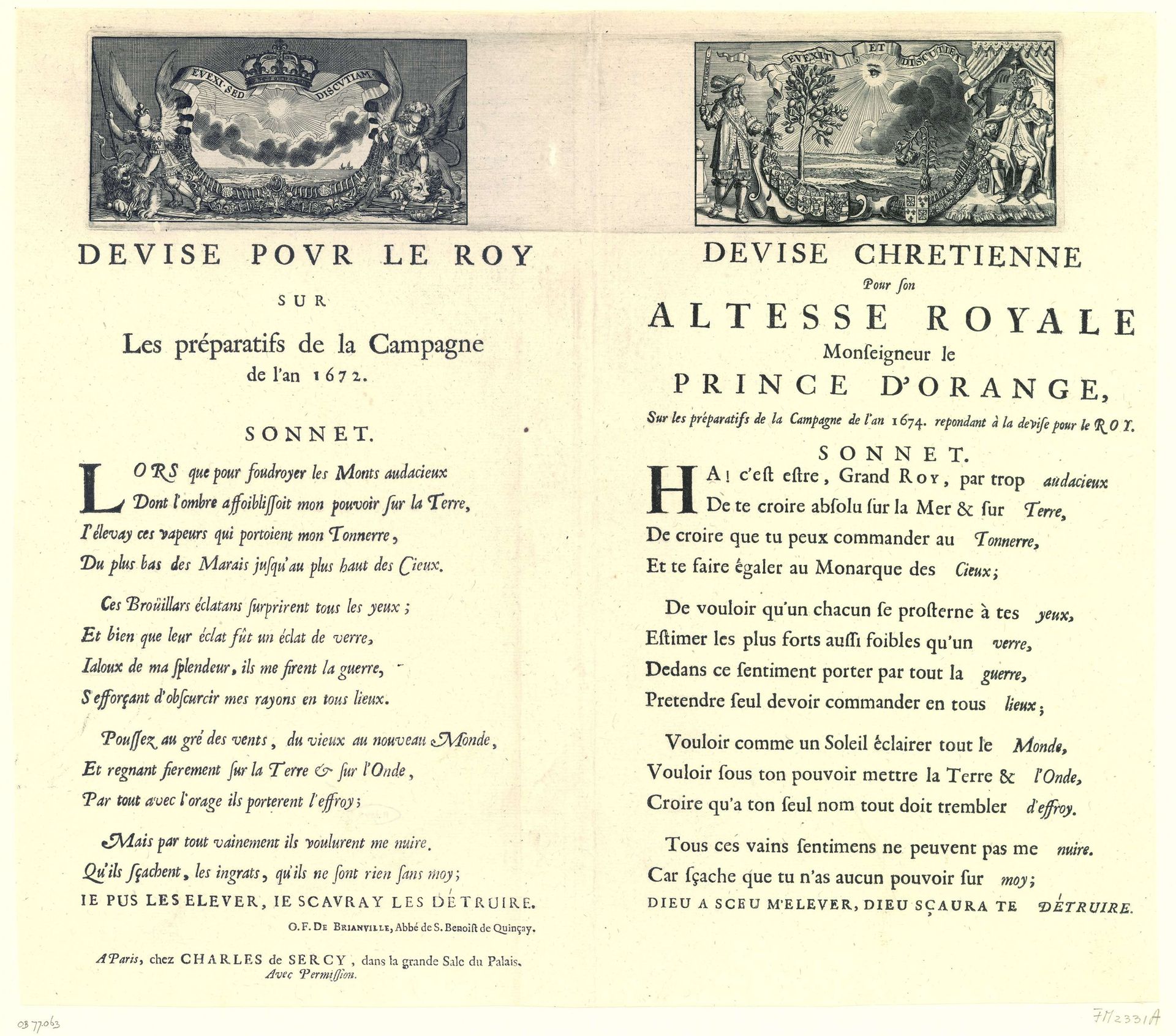 Blad met zinnebeelden ter ere van Lodewijk XIV en de prins van Oranje, 1674 by Anonymous