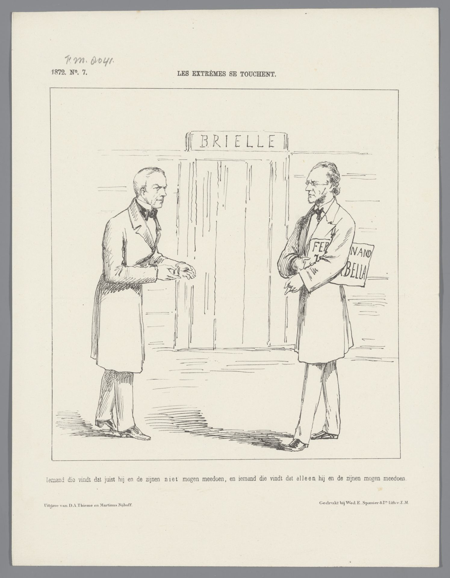 Spotprent met Alberdingk Thijm en Groen van Prinsterer nav de twisten over de aanstaande Brielse Aprilfeesten, 1872 by Johan Michaël Schmidt Crans