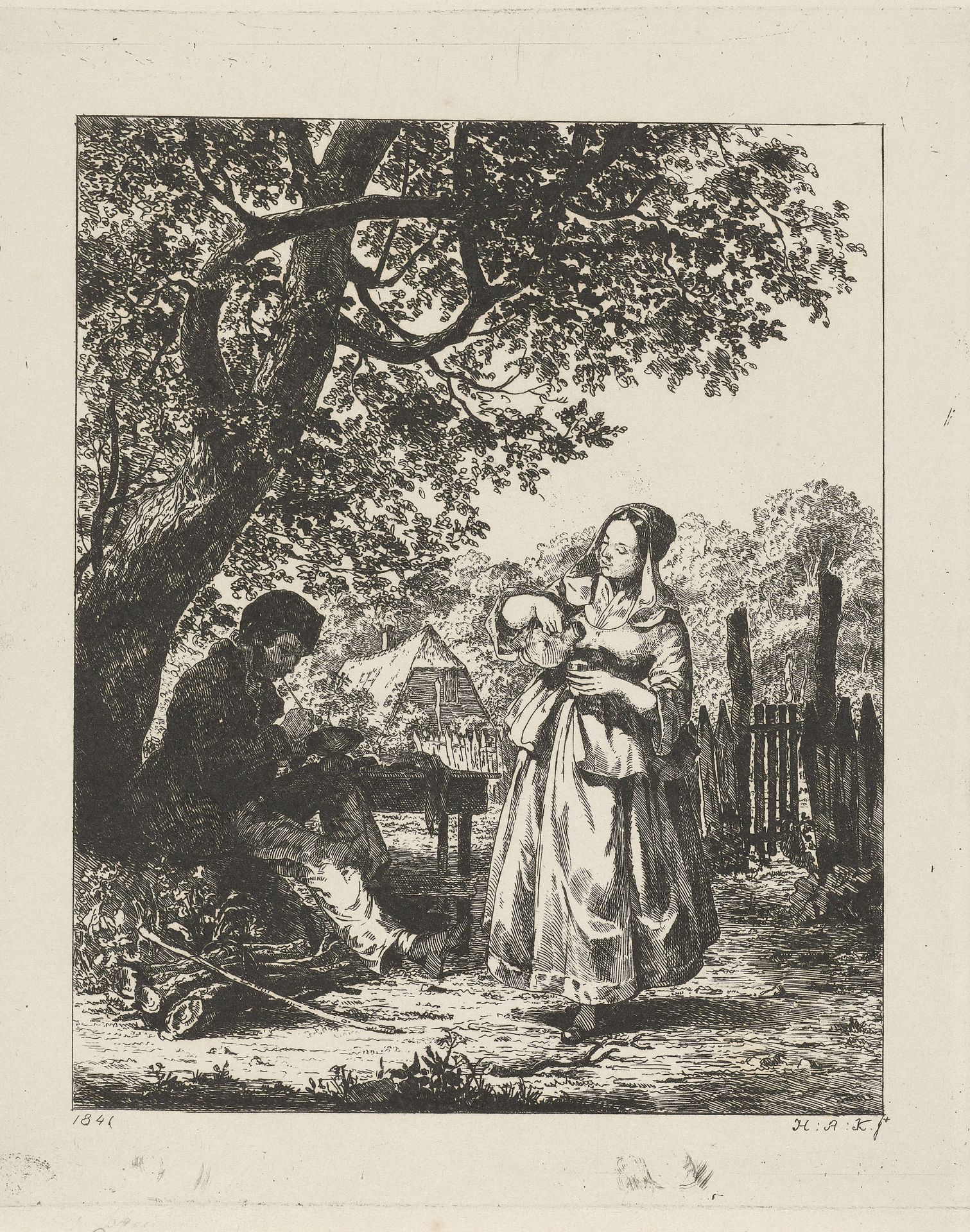 Man en vrouw voor een boerenhoeve by Hendrik Abraham Klinkhamer