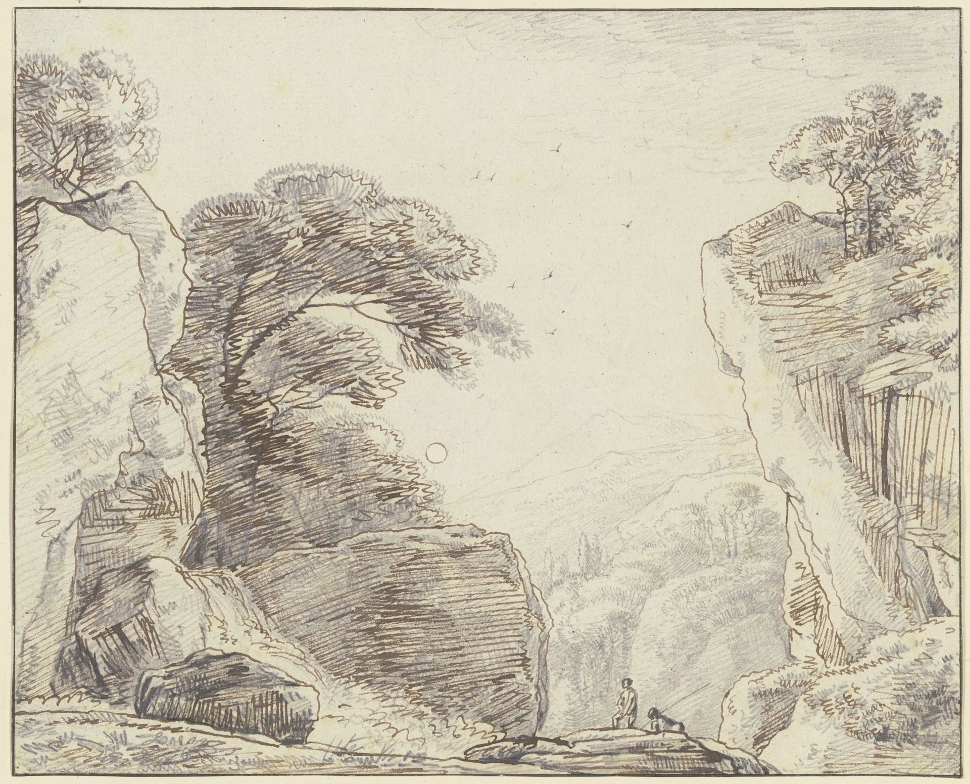 Felsige Gebirgslandschaft, im Vordergrund zwei Figuren by Franz Kobell