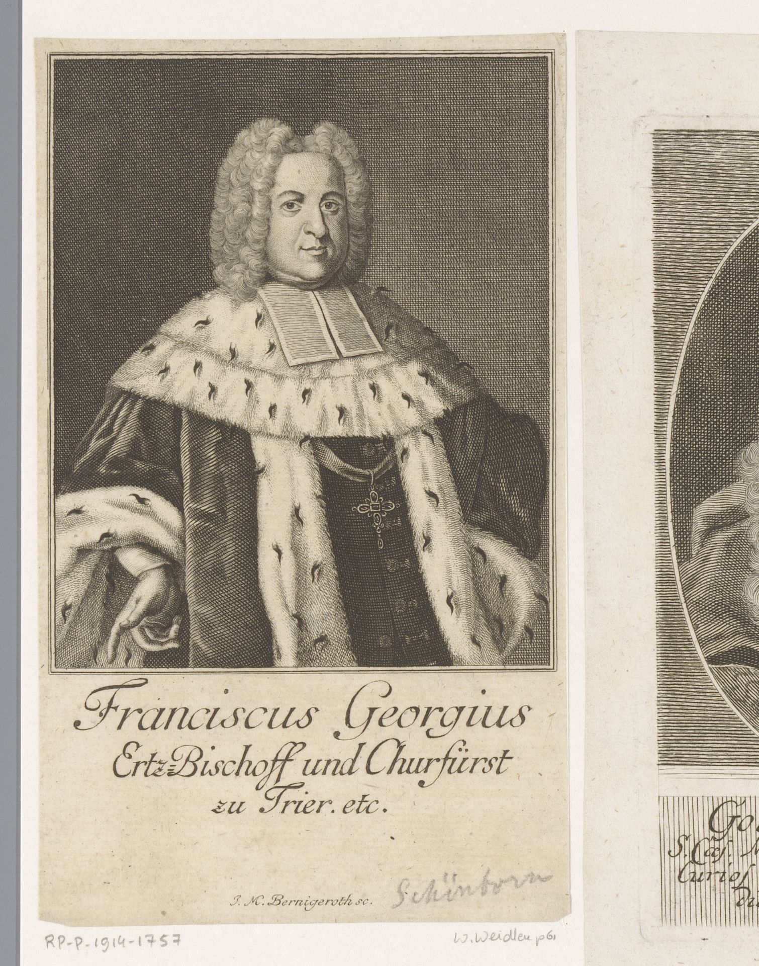 Portret van Franz Georg von Schönborn, aartsbisschop en keurvorst van Trier by Johann Martin Bernigeroth
