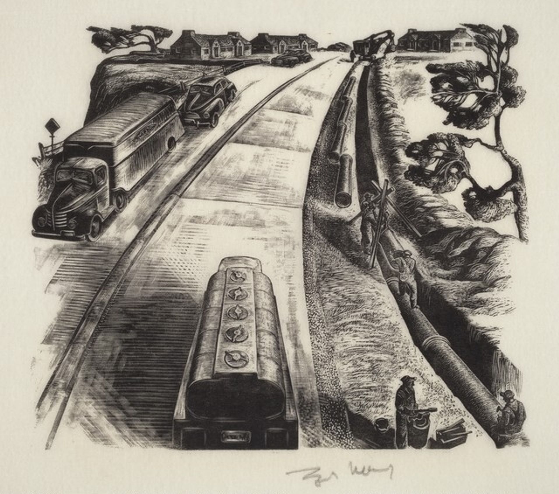 Untitled (Curving Street With Trucks and Car) by Lynd Kendall Ward
