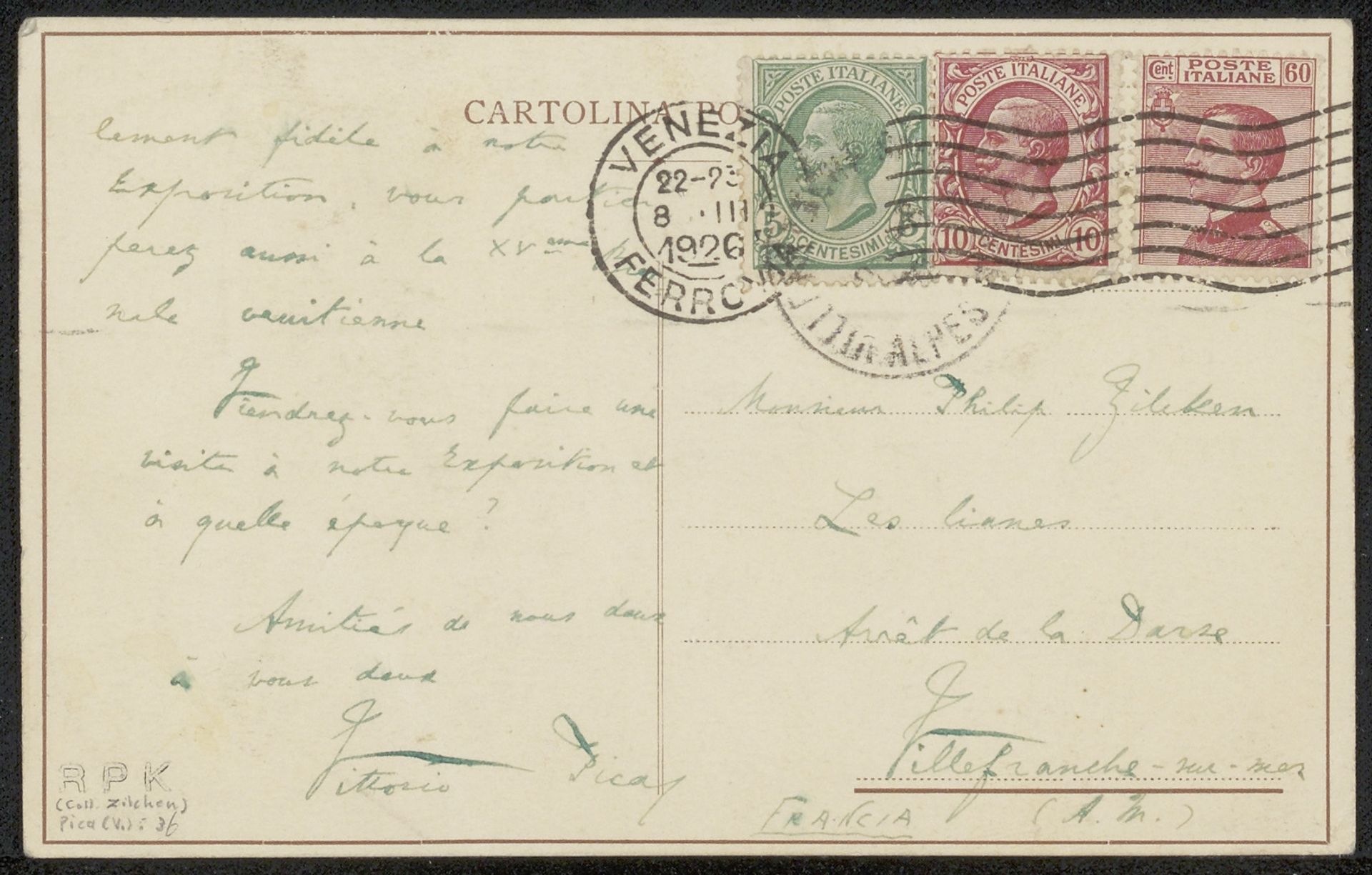 Briefkaart aan Philip Zilcken by Vittorio Pica