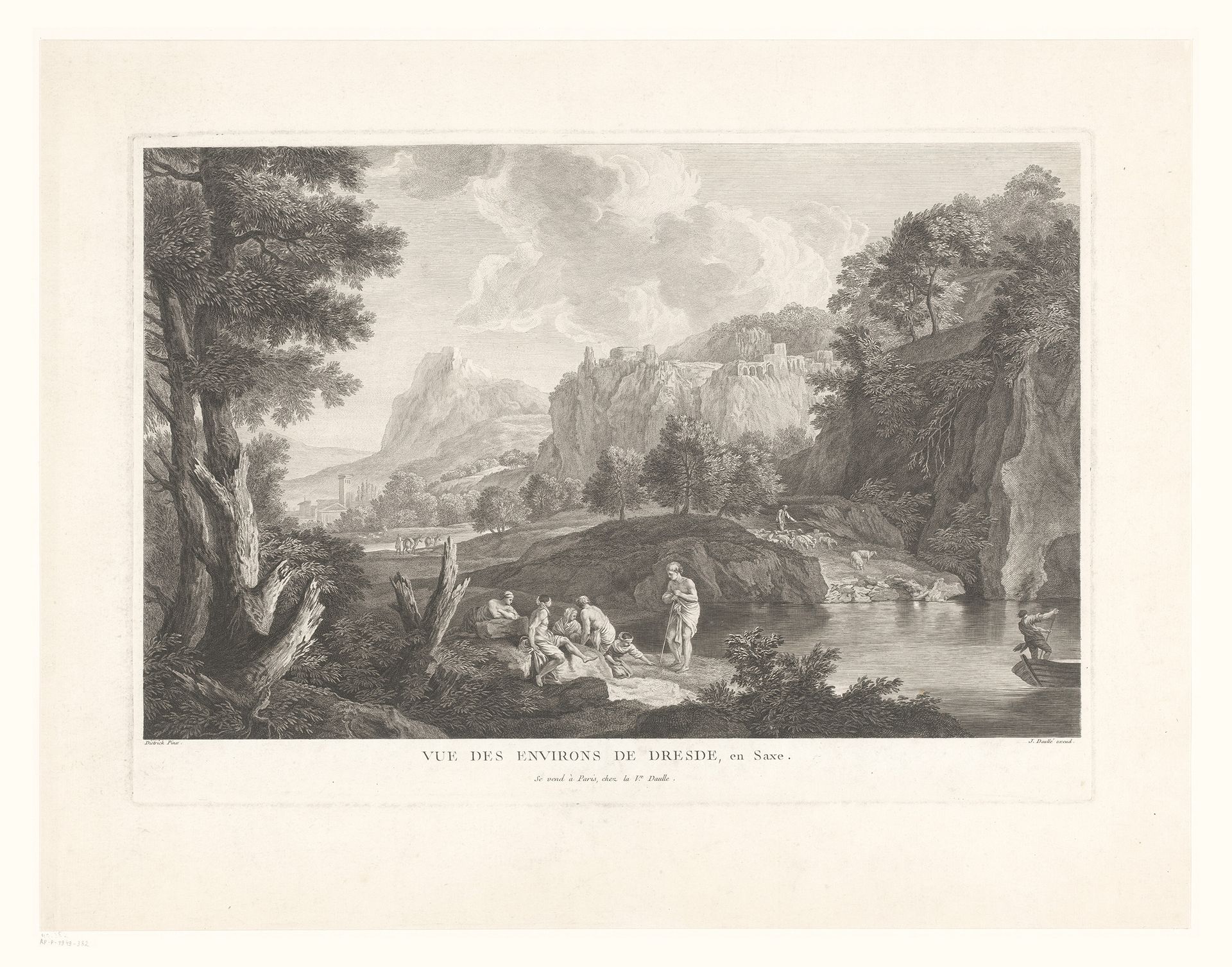 Landschap met rustende figuren en schaapherder bij een rivier by Jean Daullé
