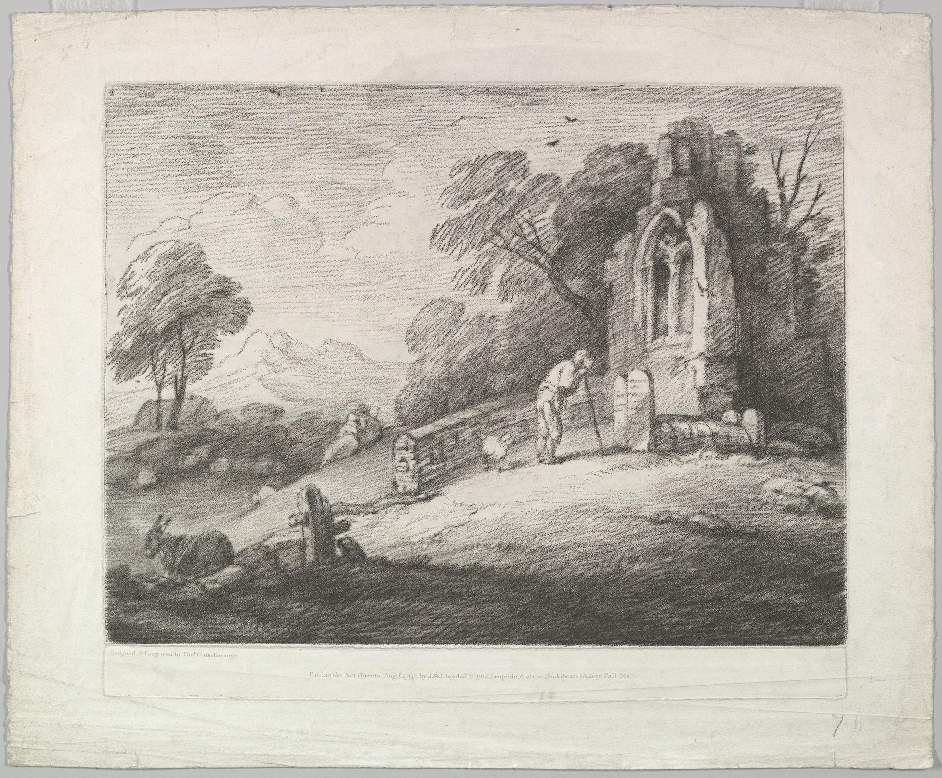 Wooded Landscape with a Peasant Reading a Tombstone, Rustic Lovers and a Ruined Church by Thomas Gainsborough