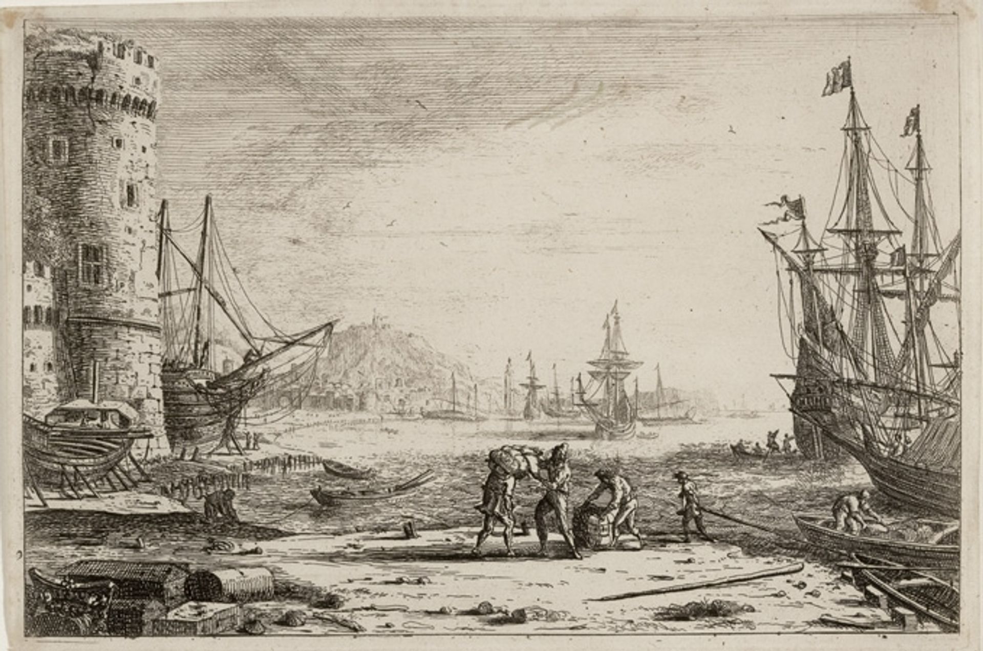 Seaport with a big tower by Claude Lorrain